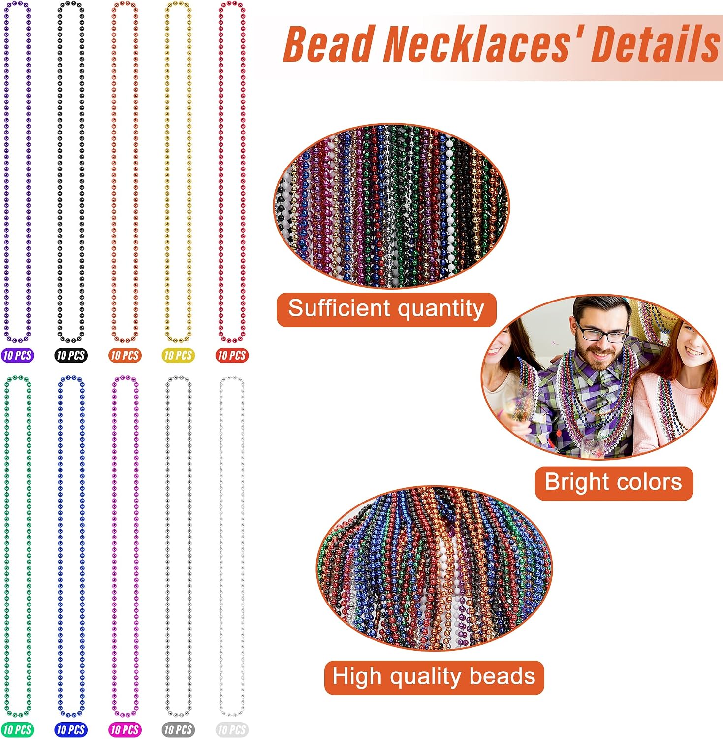 Detalle de EOBOH 100PCS Mardi Gras Beads: Colorful 33" Beads Necklace Party Favors
