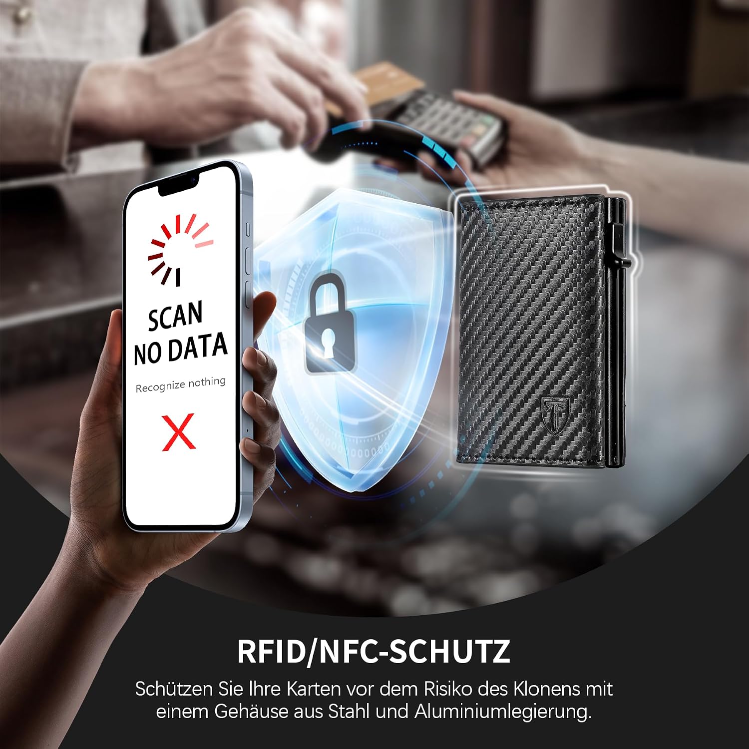 Detalle de TENBST Geldbörse Herren – Ultra-dünnes Kartenetui mit 10 Fächern, RFID-Schutz & Carbonfaser-Optik
