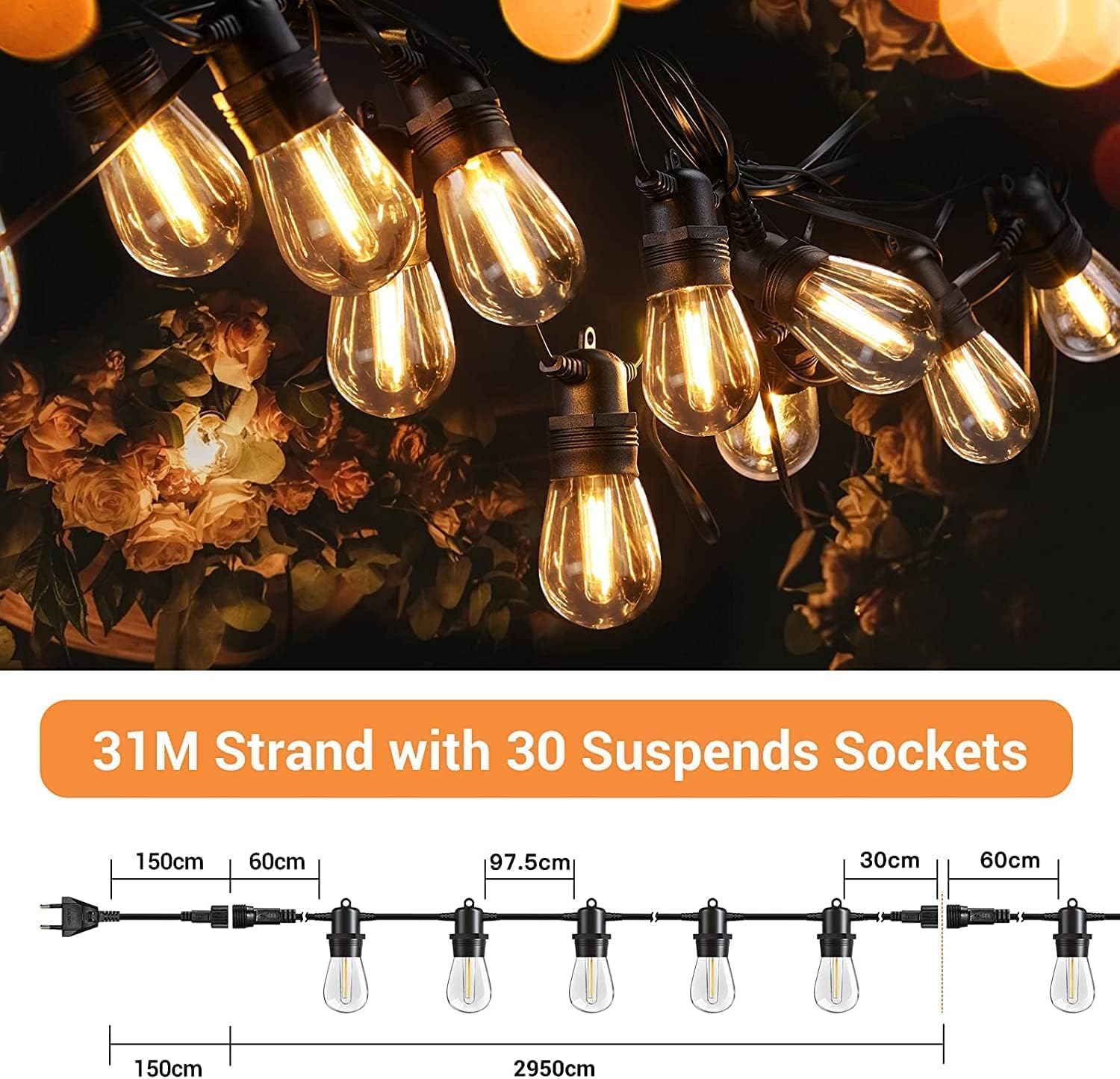 Thumbnail 5 de Quntis Catena Luminosa Esterno LED 31 m con 30+2 Lampadine S14 IP65 – LED per Giardino, Gazebo e Terrazza