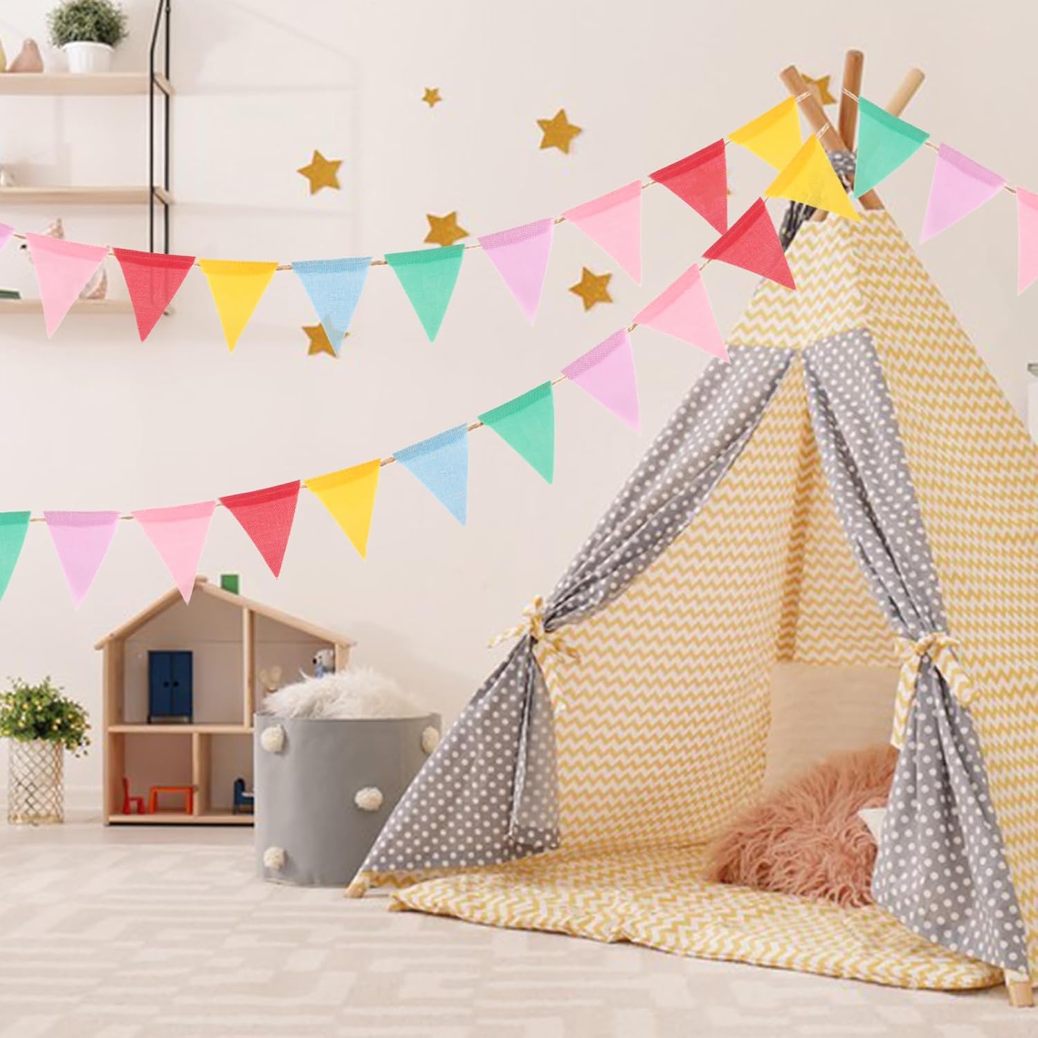 Thumbnail 5 de G2PLUS 60PCS Waterproof Burlap Bunting Banner – 20M Pastel Rainbow Flags for Garden and Event Decor