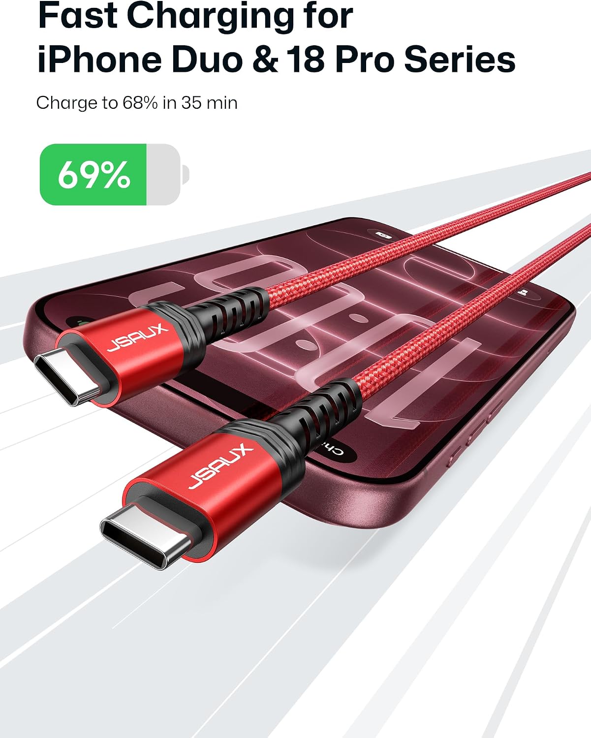 Detalle 2 de JSAUX 100W USB-C to USB-C Cable 2-Pack (6.6 ft, Red) — Fast Charge for iPhone 17 and More