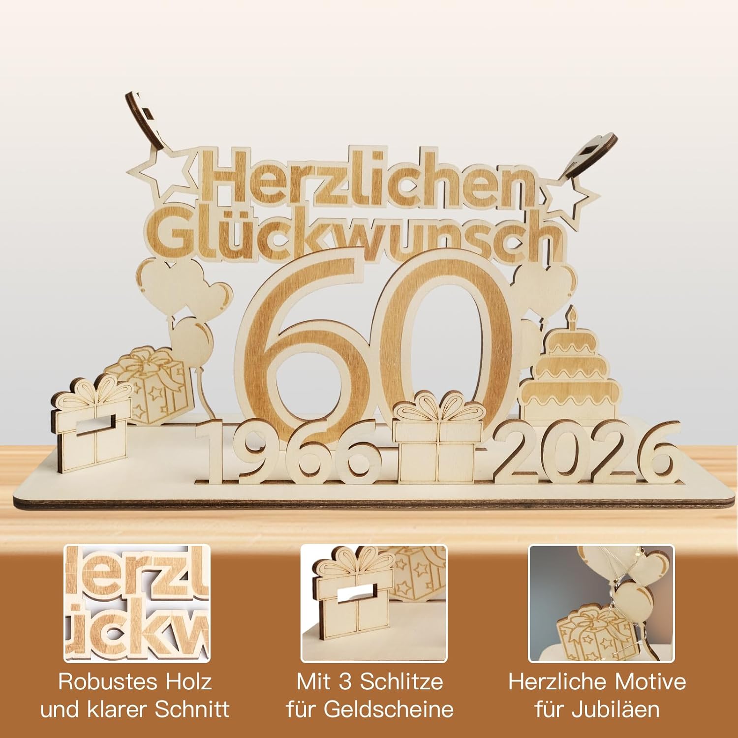 Detalle 2 de ARTREE 60 Geldgeschenke zum 60. Geburtstag und Diamantene Hochzeit – personalisiertes Holzschild mit LED-Lichterkette und Gästebuch