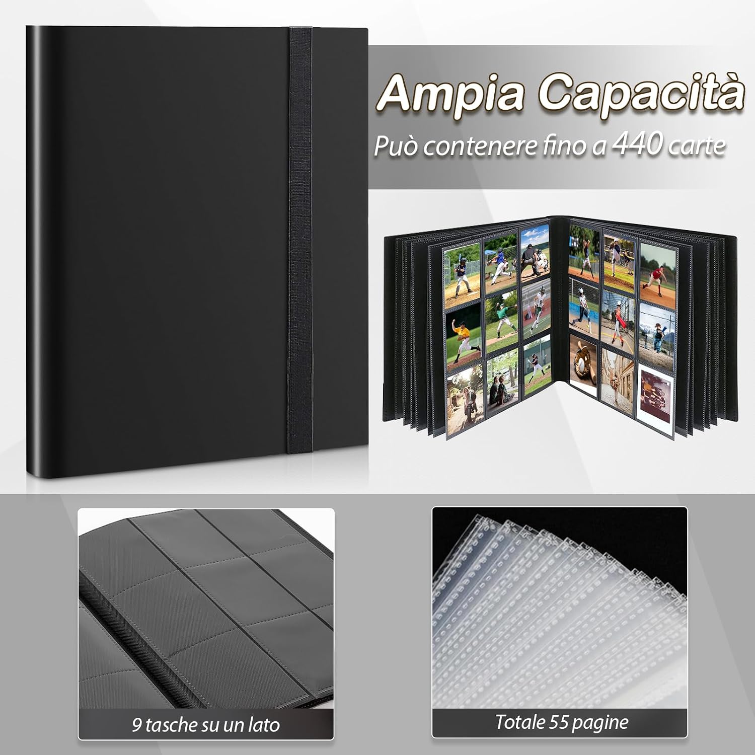 Detalle de Album raccoglitore 468 carte (9 tasche per pagina) impermeabile in PU per MTG/TCG/Calcio-Baseball e figurine da scambio – Nero