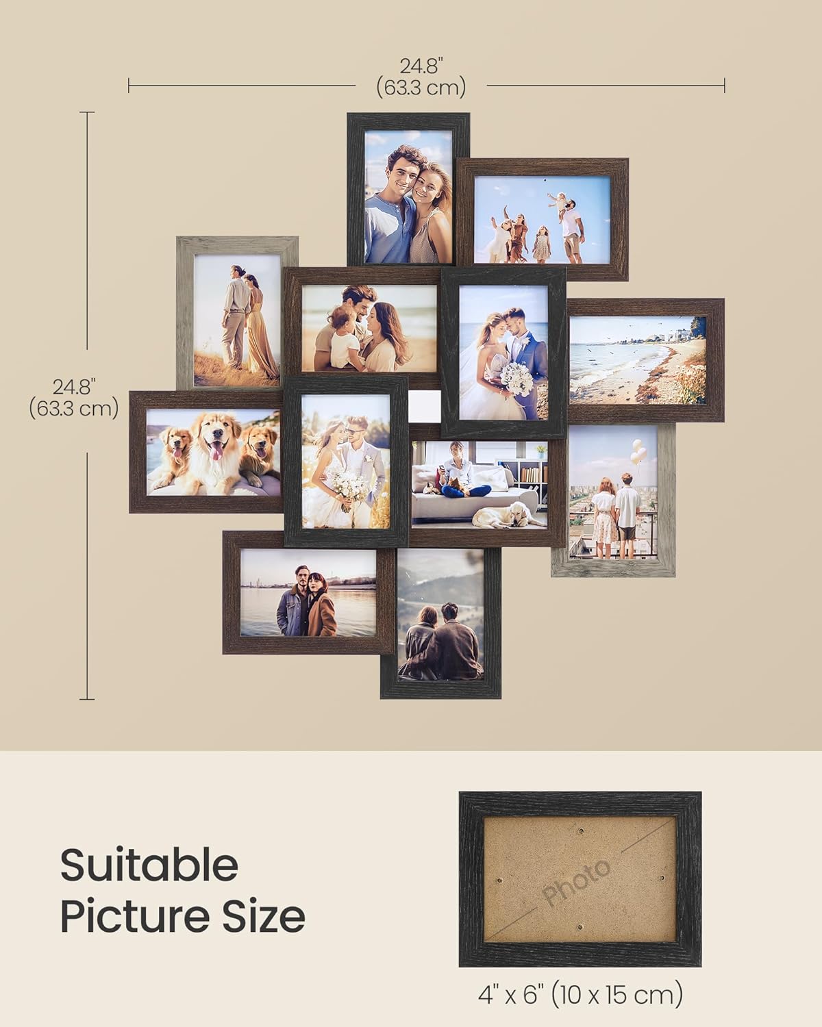 Detalle de SONGMICS Picture Frame Collage RPF022M01: 12x 4x6 Photo Frames for Wall Display in Greige & Red-Brown Tones