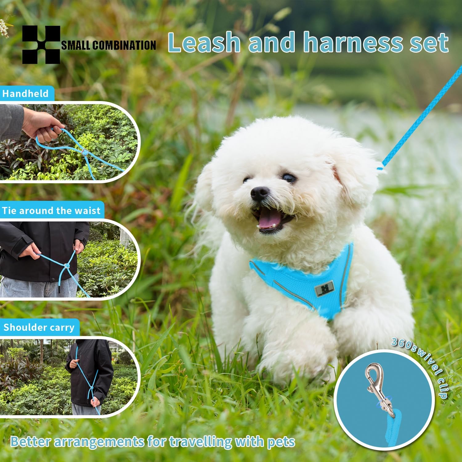 Detalle de Small Combination Dog Harness Leash Set for Small to Medium Dogs and Cats (SkyBlue, XS)