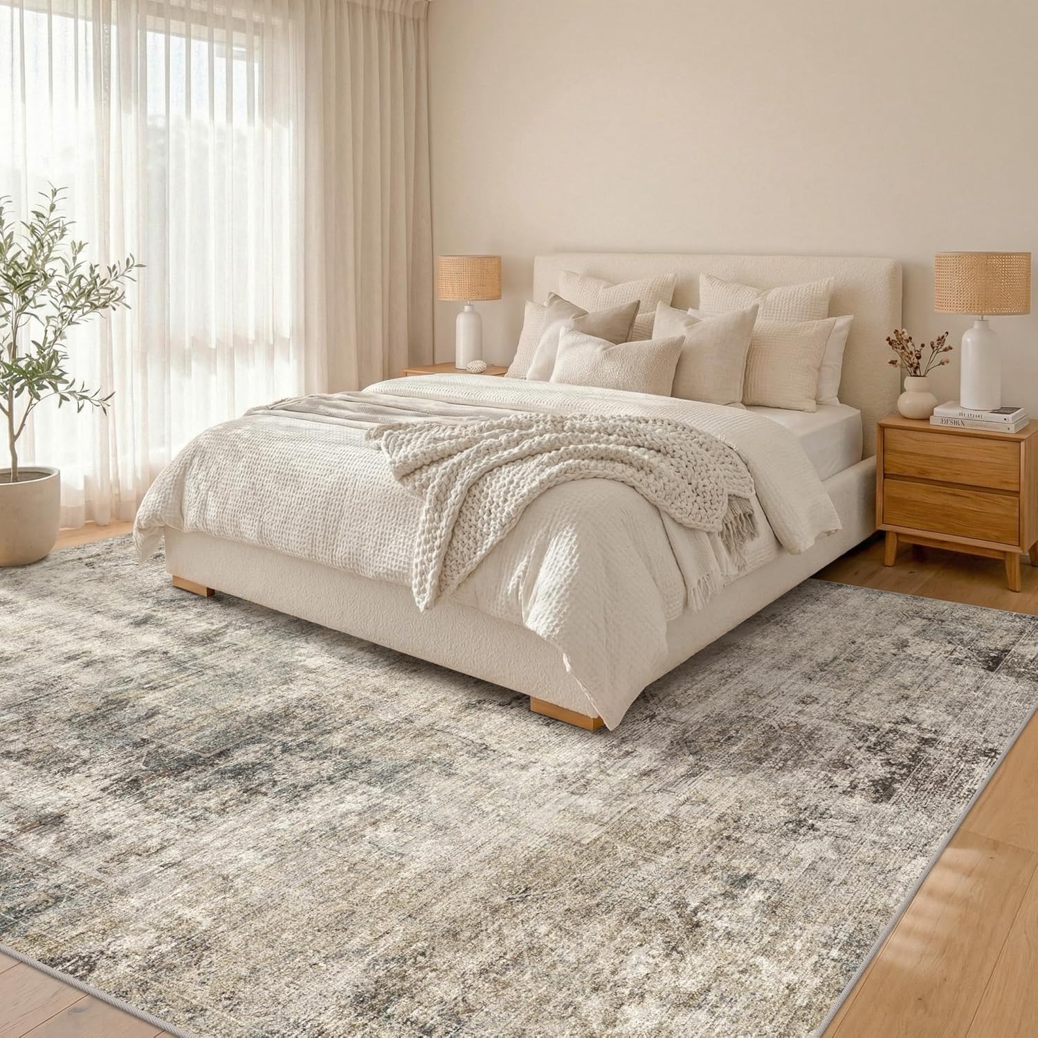Thumbnail 2 de Washable 8x10 Area Rug (Taupe Brown) — Ultra-Soft Vintage Distressed Farmhouse Carpet with Non-Slip Backing