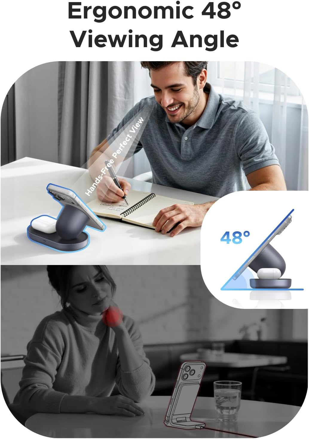Detalle 2 de UGREEN Zapix Qi2 Certi t ied 25W for MagSafe Charger: 2-in-1 Wireless Stand (Grey)