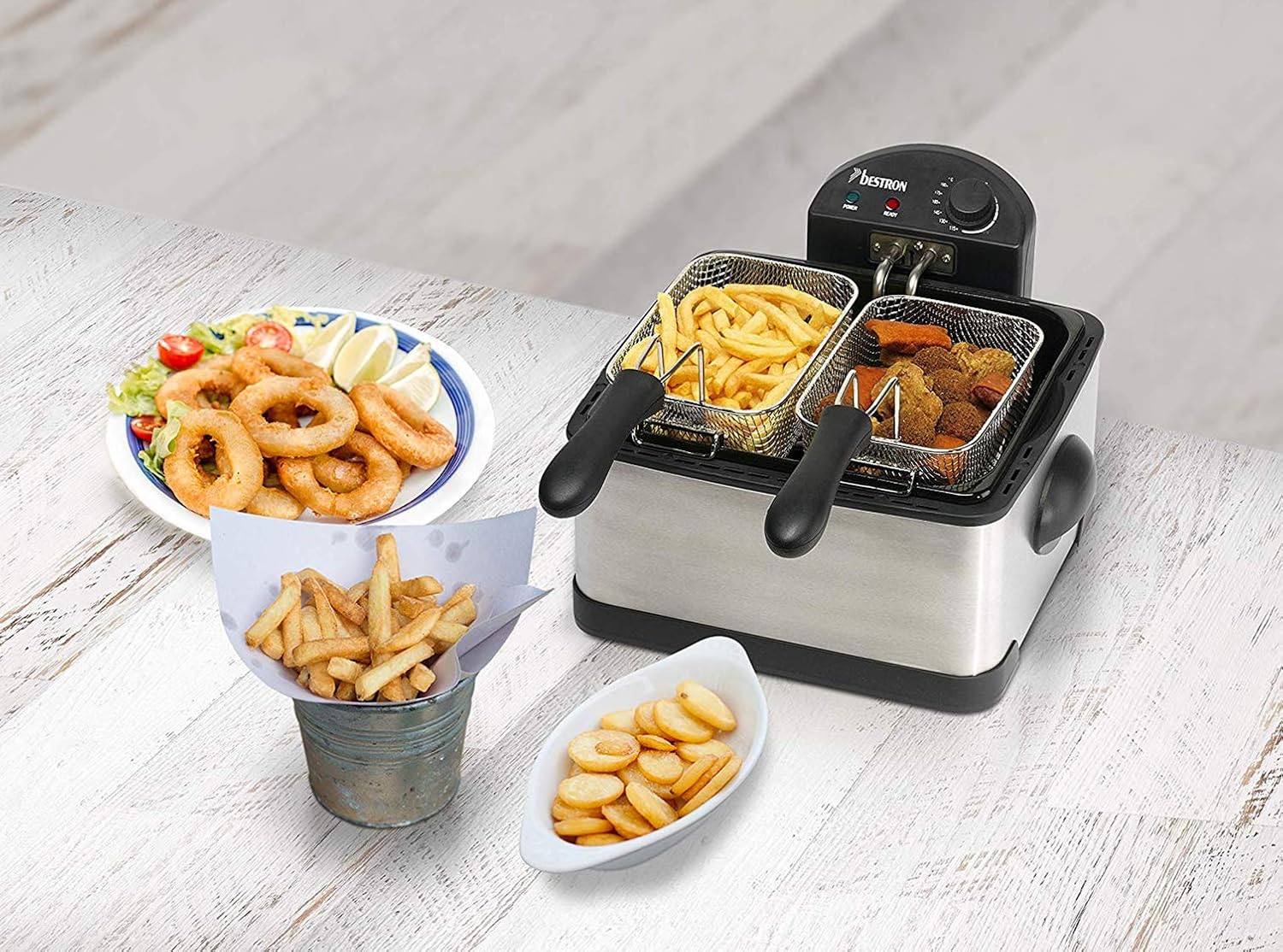 Detalle 2 de Bestron Friteuse familiale avec zone froide et 3 paniers – 4 litres, 1,5 kg/2x750 g