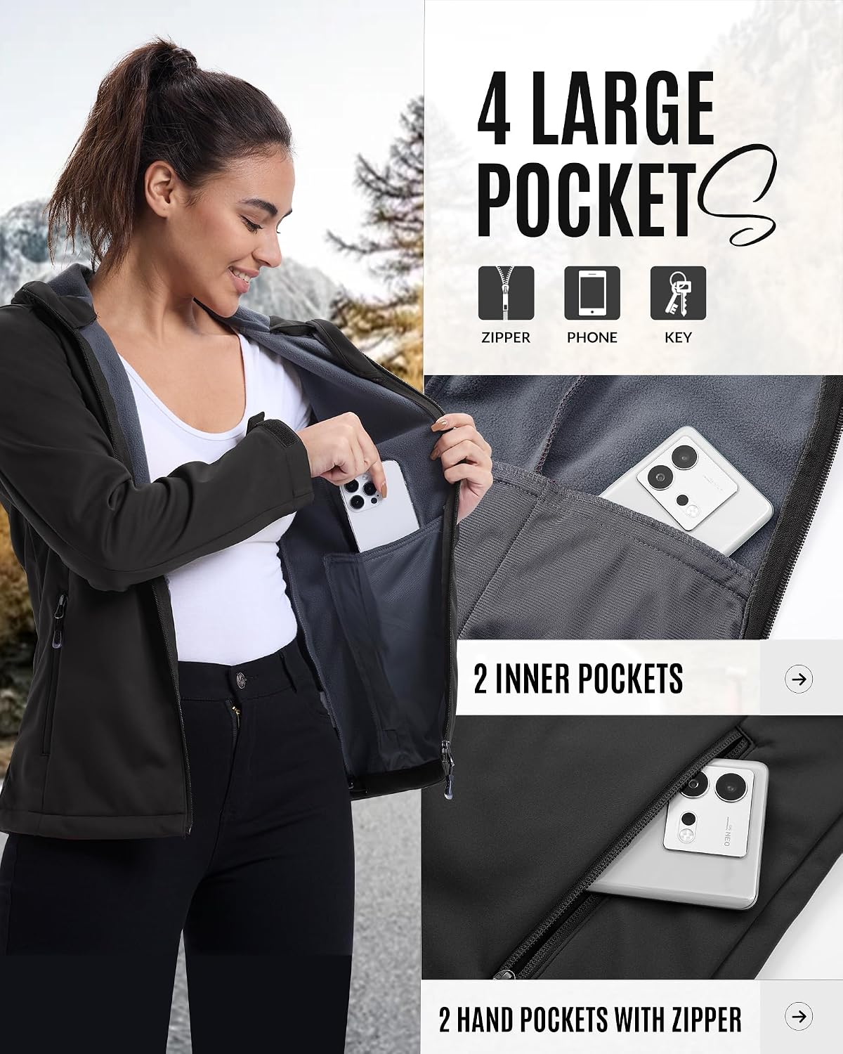 Detalle 2 de 33,000ft Damen Fleece Softshelljacke mit Kapuze – wasserdicht, winddicht fürs Radfahren & Outdoor