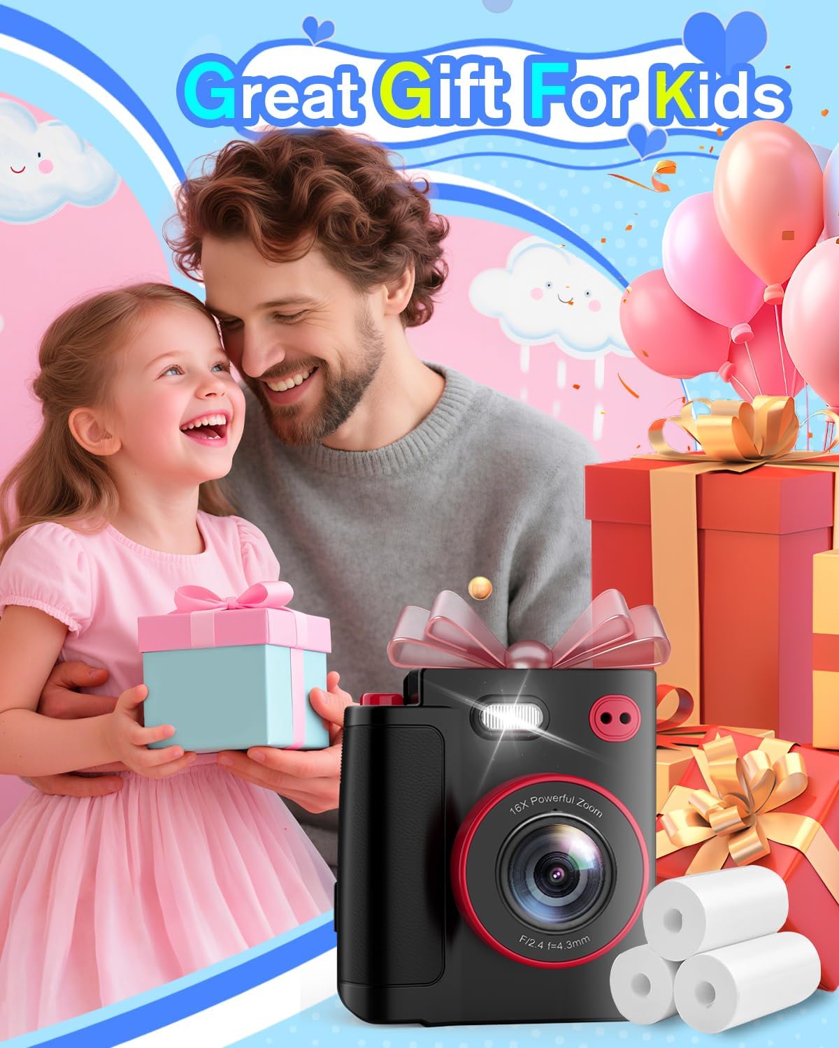 Thumbnail 5 de MYSTILUCK appareil photo instantané pour enfants (1080P) avec impression thermique, carte 32 Go et papier photo