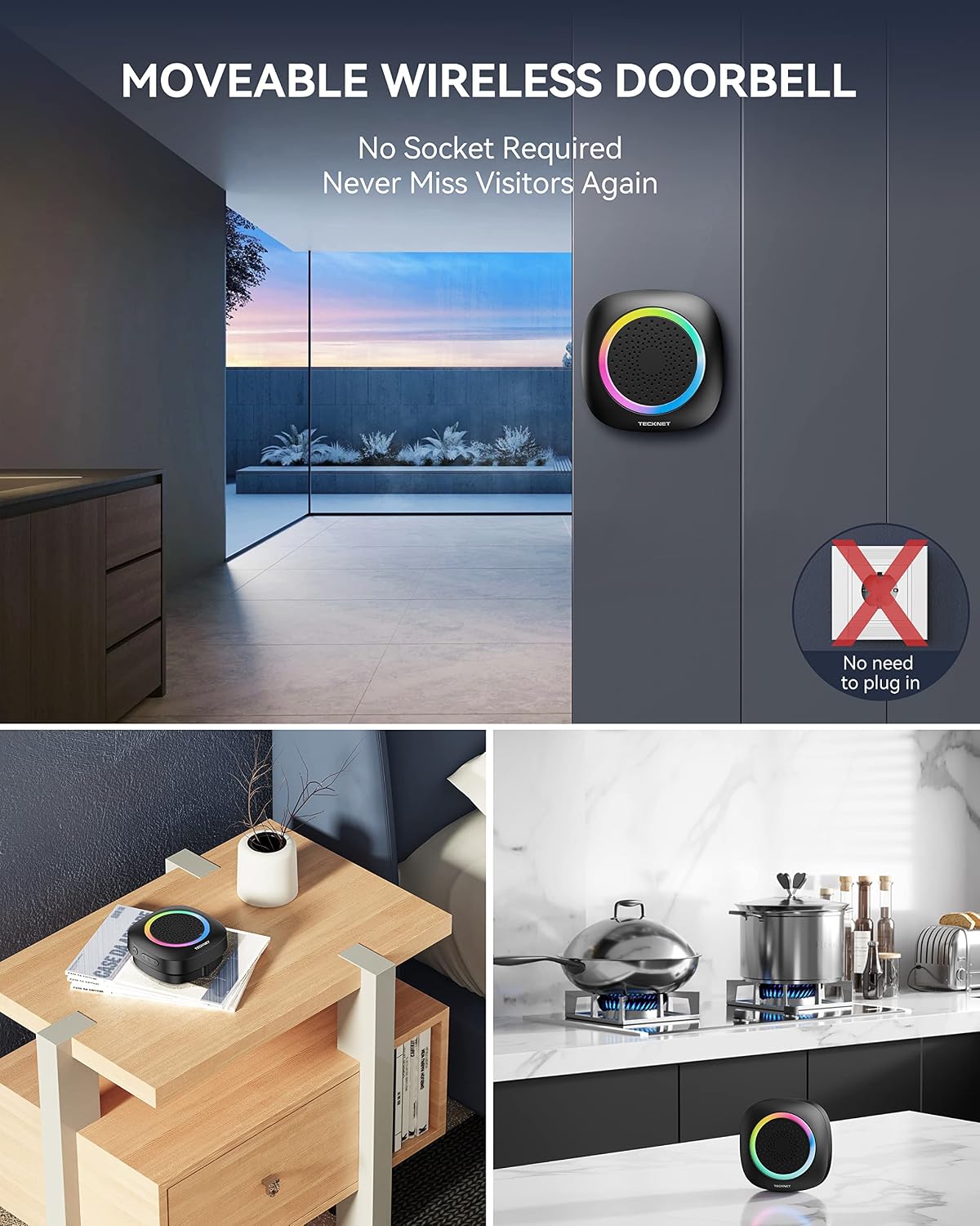 Detalle 2 de TECKNET Wireless Doorbell kit with RGB light, IP66 waterproof design and 110 dB volume