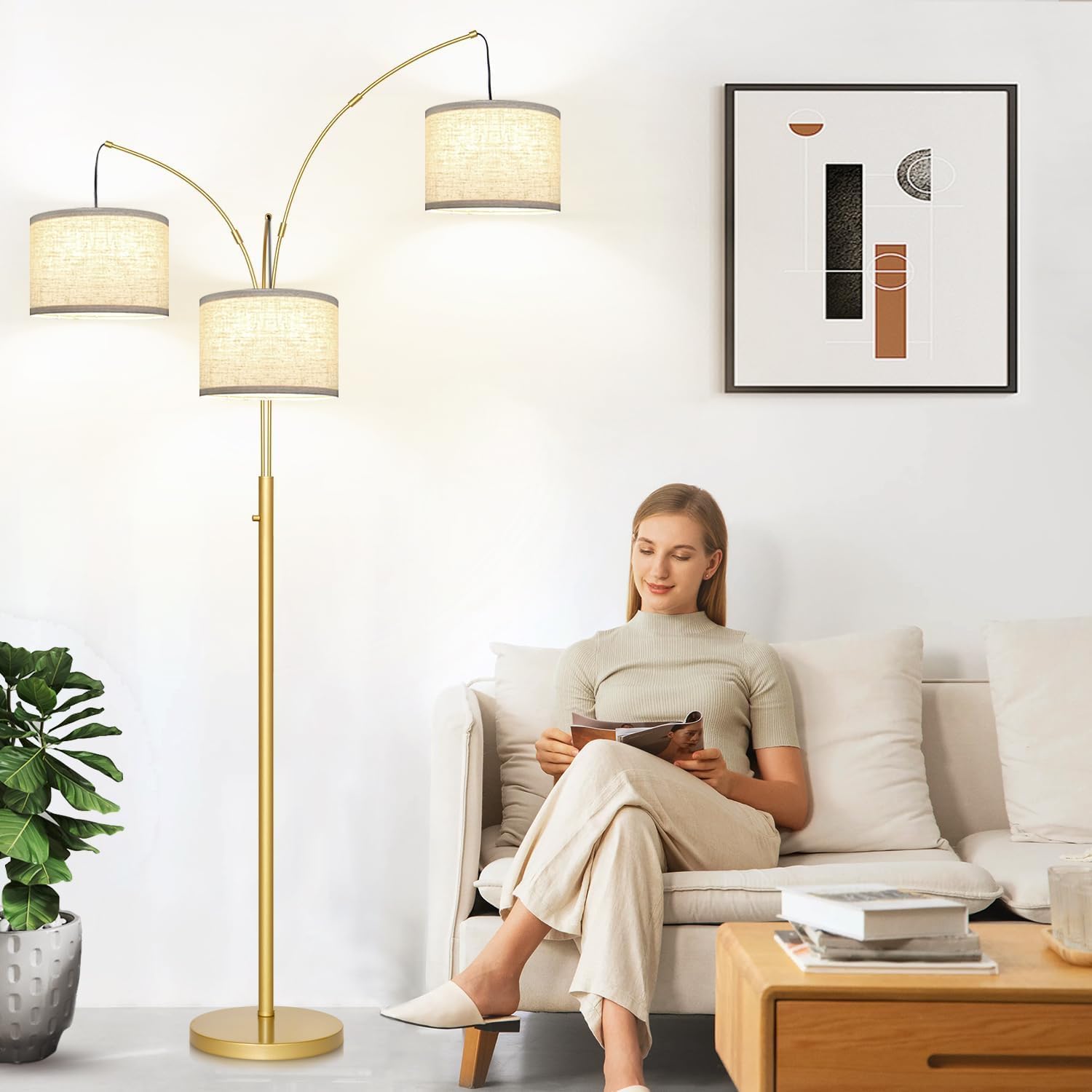 Thumbnail 6 de Nintiue F1378 Dimmable 3-Light Arc Floor Lamp, Gold with Linen Shades