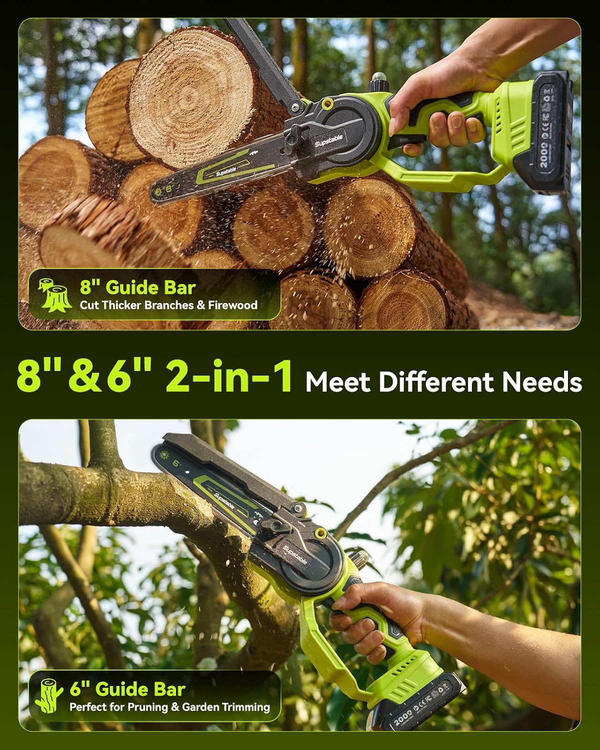 Detalle de Supstable BL-168 Cordless Mini Chainsaw, 6- and 8-Inch Bars, 1000W Brushless Motor