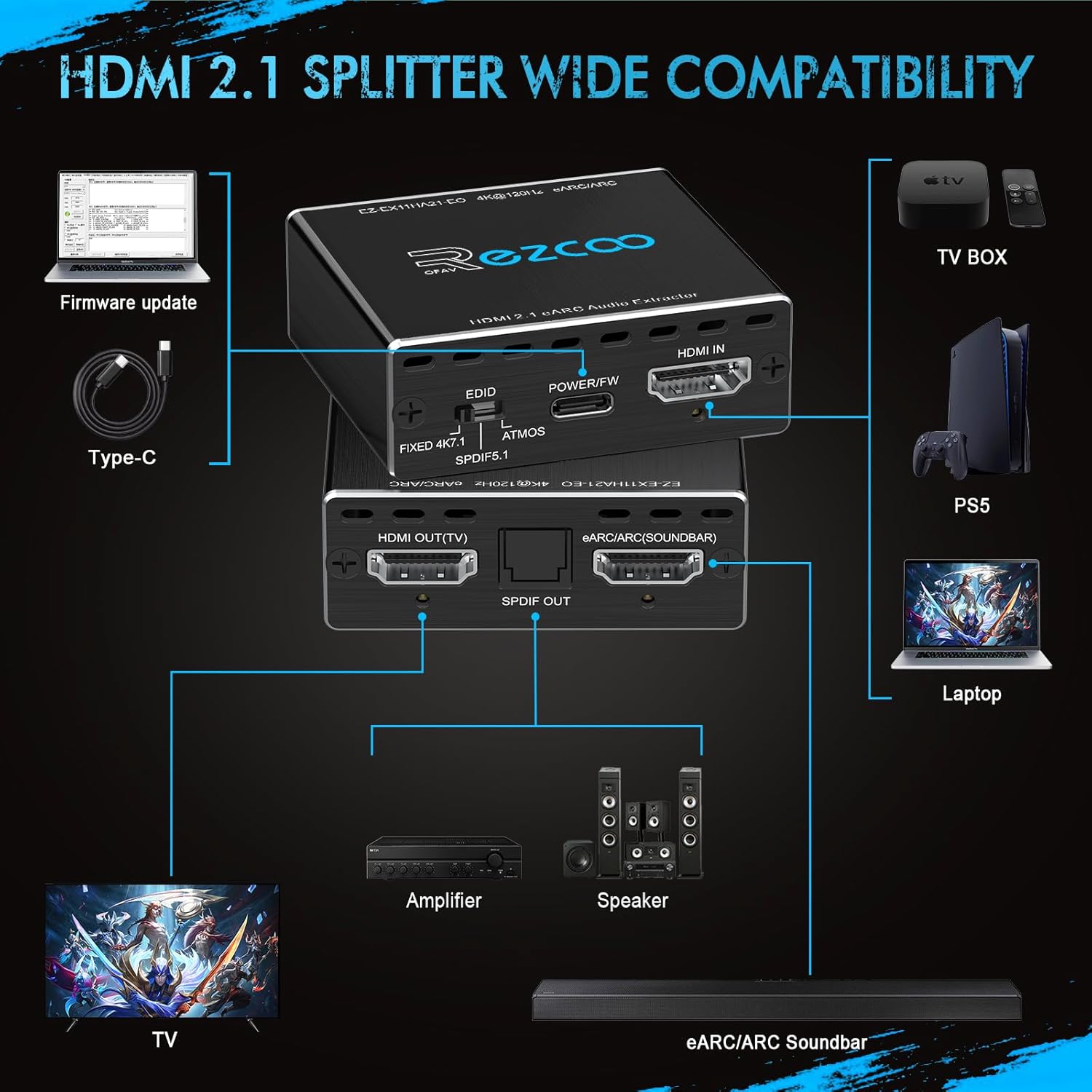 Detalle 2 de ROFAVEZCO 4K@120Hz HDMI 2.1 eARC Audio Extractor mit Dolby Atmos/Vision, VRR und ALLM – Plug & Play für Soundbars