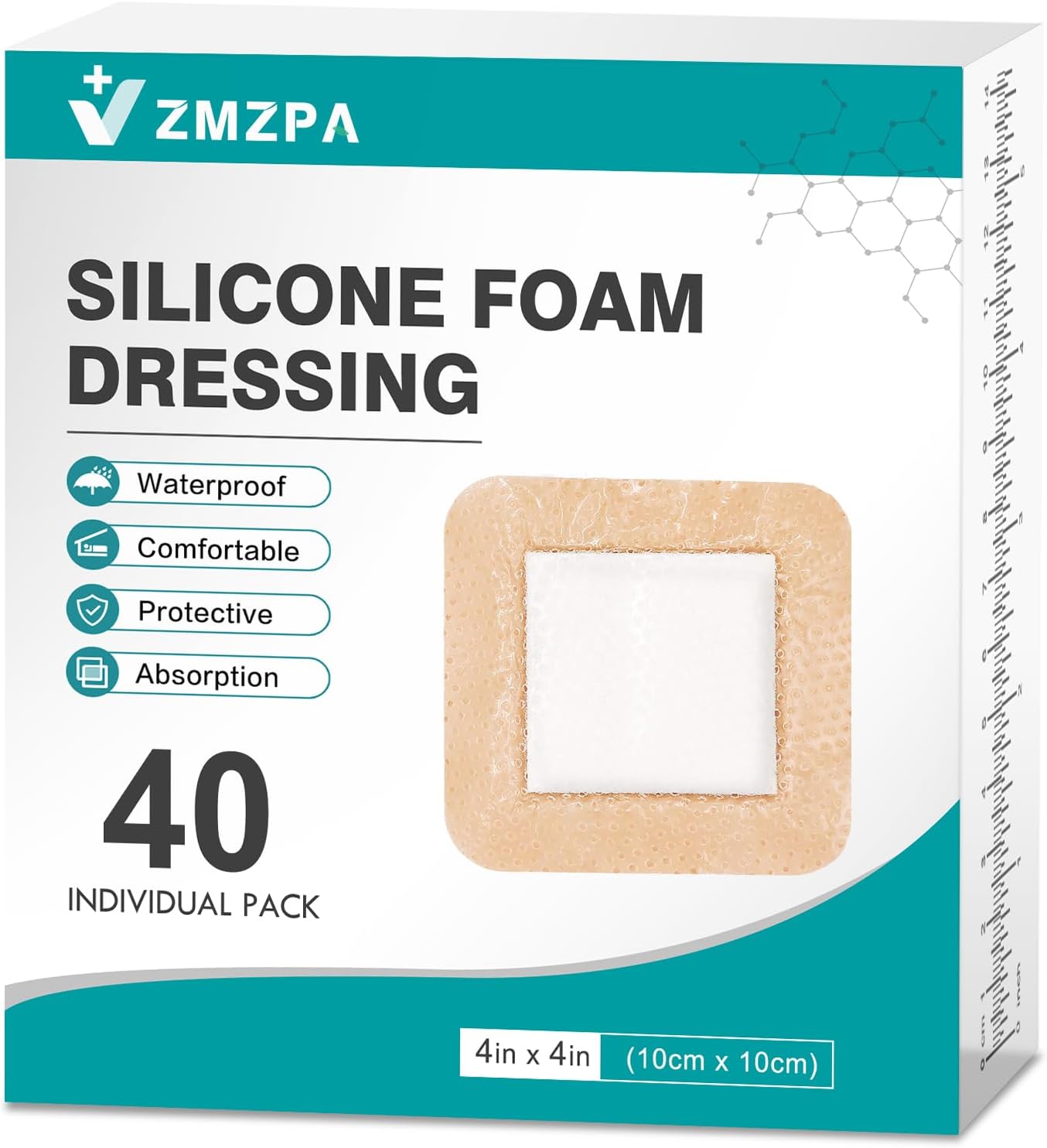 Detalle de ZMZPA 4x4-Inch Silicone Foam Wound Dressings, Gentle Border, 40-Pack