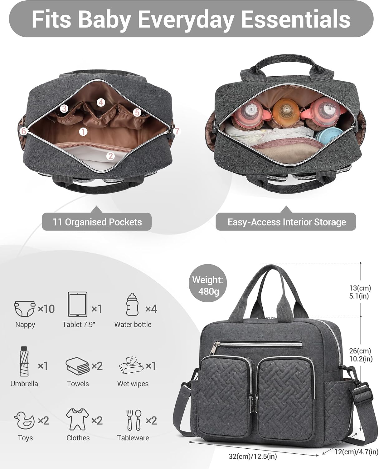 Thumbnail 6 de Kono Baby Changing Bag: Multifunction Nappy Bag with Insulated Pockets and Stroller Straps