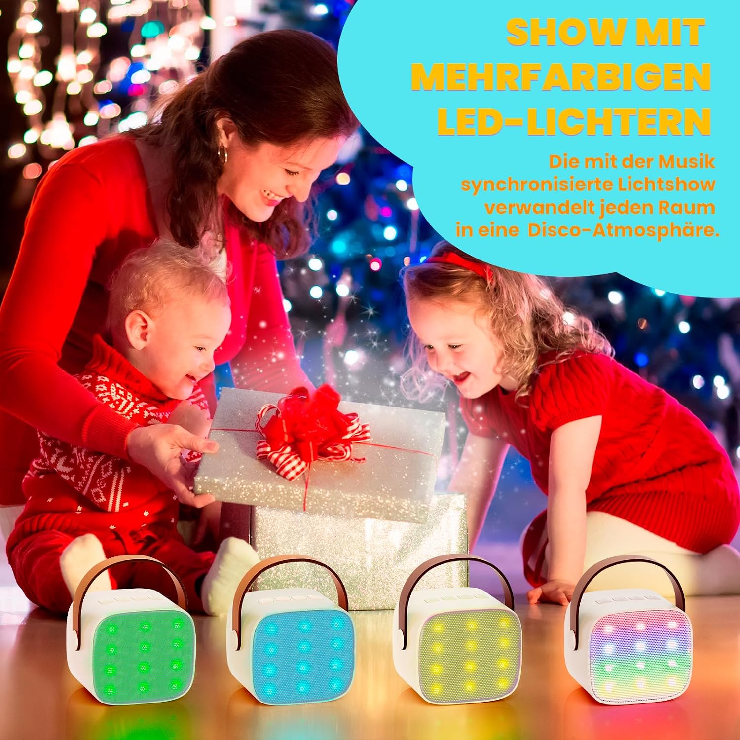 Detalle 2 de Wowstar tragbare Karaoke-Maschine mit 2 kabellosen Mikrofonen (Bluetooth, beige) – für Kinder & Erwachsene
