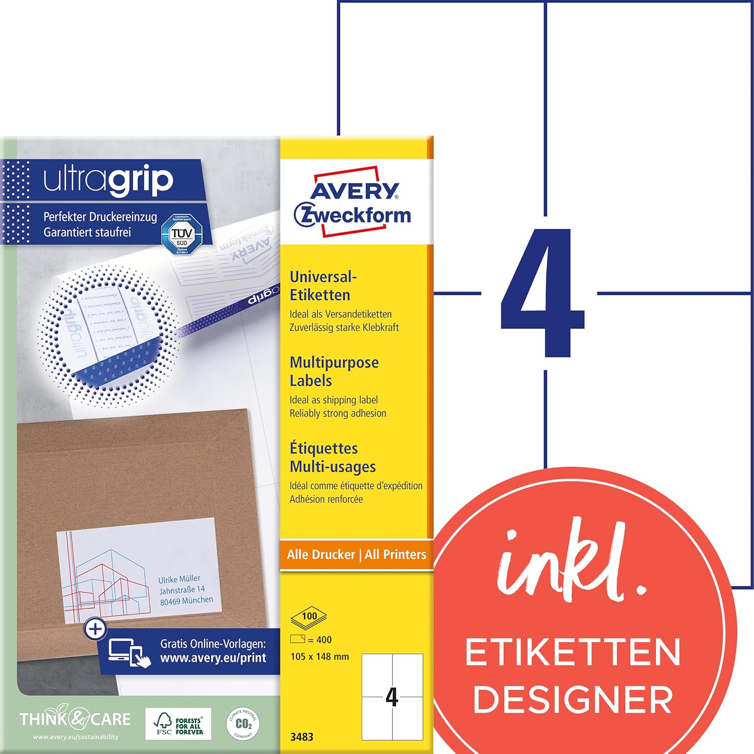 AVERY Zweckform 3483 Universal Etiketten – 400 weiße Etiketten 105x148 mm, FSC-Papier
