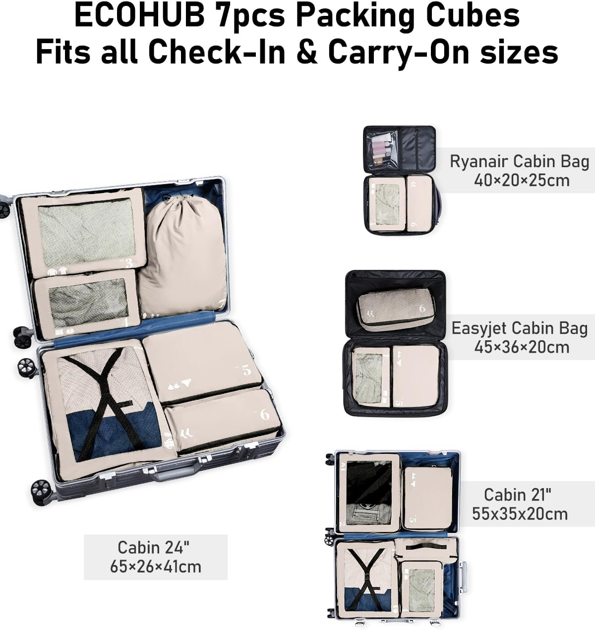 Thumbnail 5 de ECOHUB 7‑Piece Packing Cubes Set for Suitcase – Recycled PET Travel Organisers (Beige)