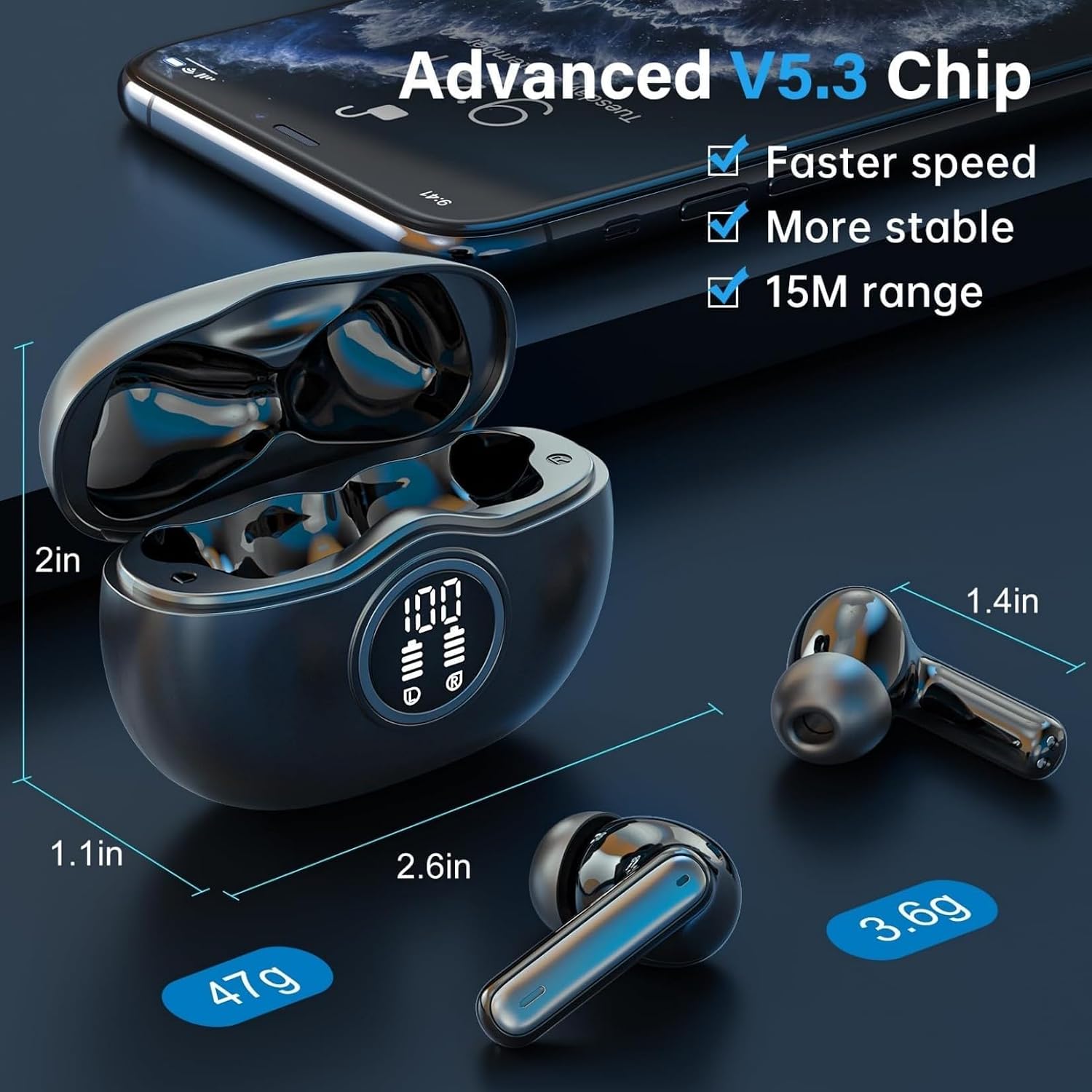 Thumbnail 3 de Fhumsh Wireless Earbuds (A10) – Bluetooth 5.3, LED Display, ENC Noise Cancelling, IPX7, 50H Total Playback