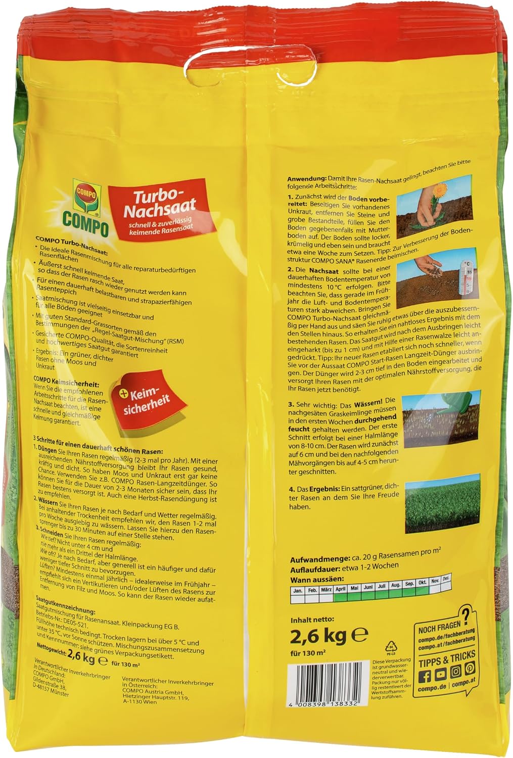 Detalle de COMPO Turbo-Nachsaat Premium Rasensamen schnellkeimend – 2,6 kg für 130 m²