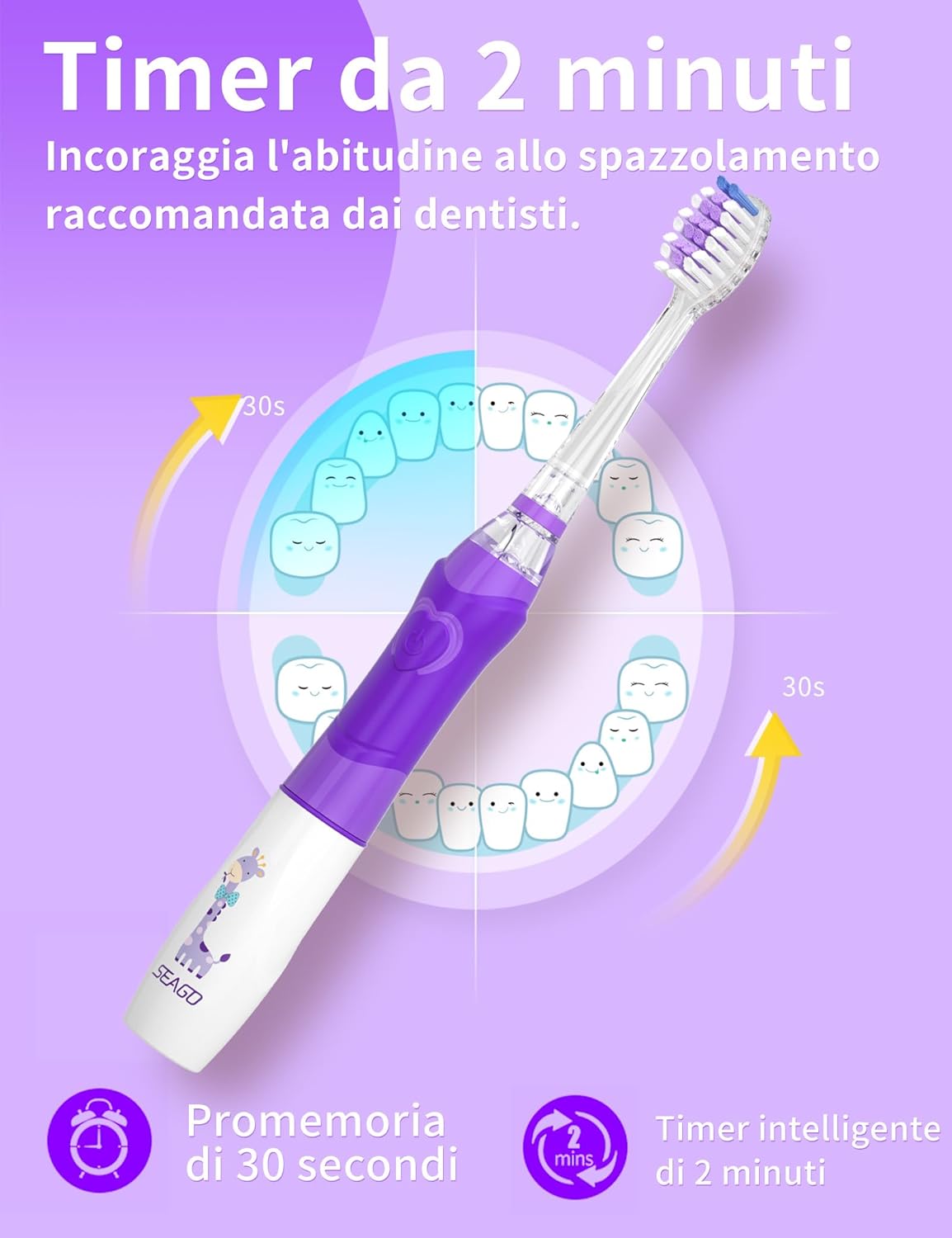 Thumbnail 4 de Seago Spazzolino elettrico per bambini 3-12 anni SG-977 viola, con 4 testine, LED e timer