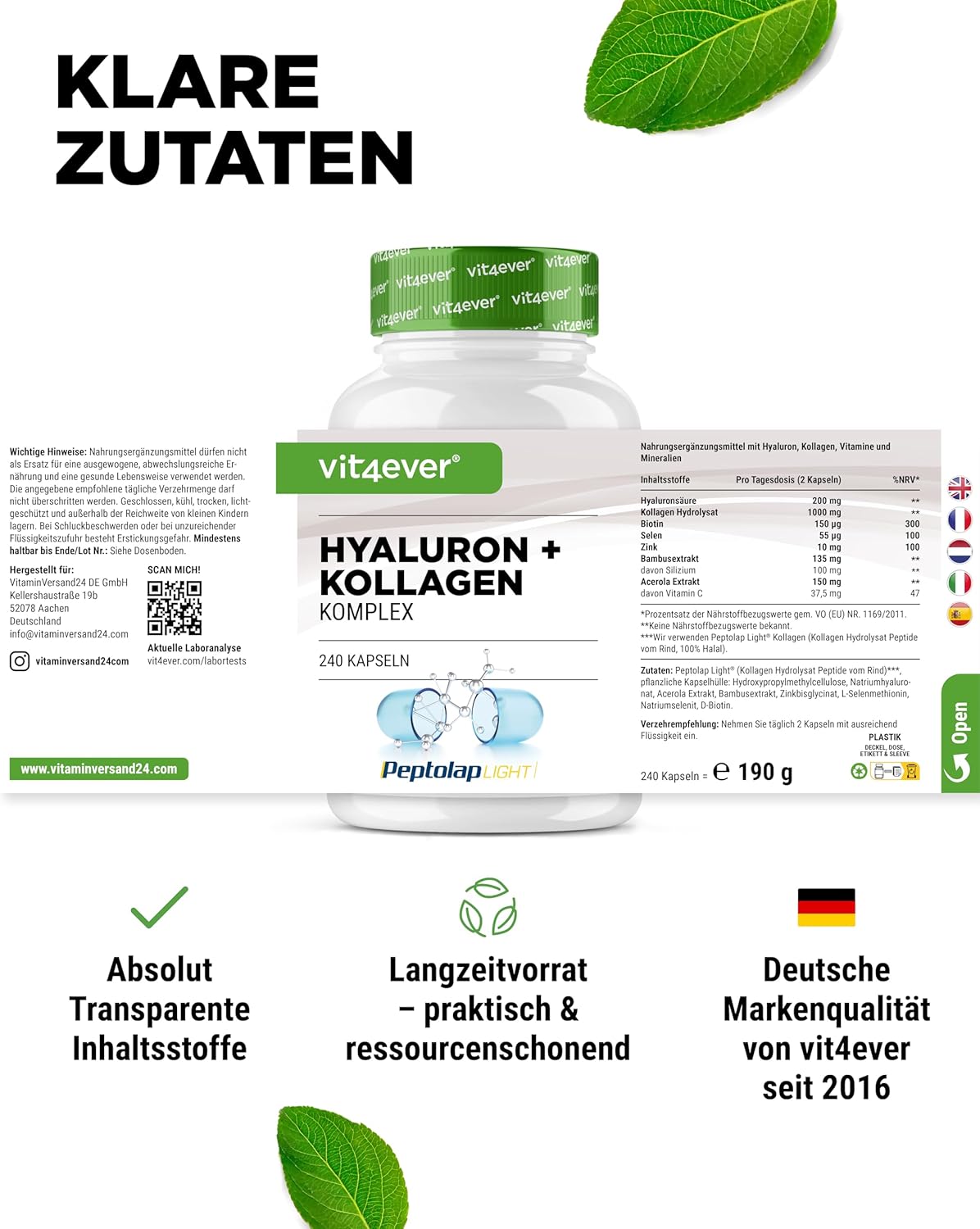 Thumbnail 5 de vit4ever Hyaluronsäure Kollagen Komplex 240 Kapseln 💊