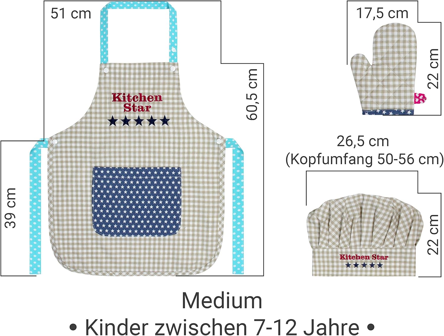 Thumbnail 4 de Emily 1428.2002 — Lot de 3 Casquettes de Cuisine avec Tablier et Gant pour Enfant, Motif Carreaux, 7–12 ans