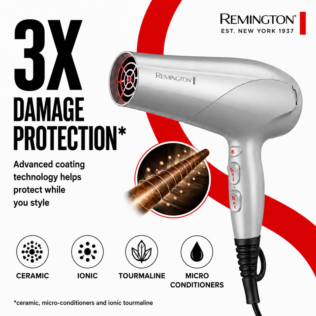 Detalle 2 de Remington Damage Protection Hair Dryer with Ceramic Ionic Tourmaline Technology (3-Piece Set)