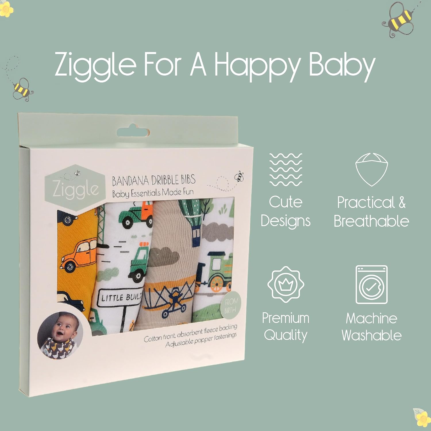 Thumbnail 4 de Ziggle Bandana Dribble Bibs: Cotton Front, Adjustable Fit for Newborn to 24 Months