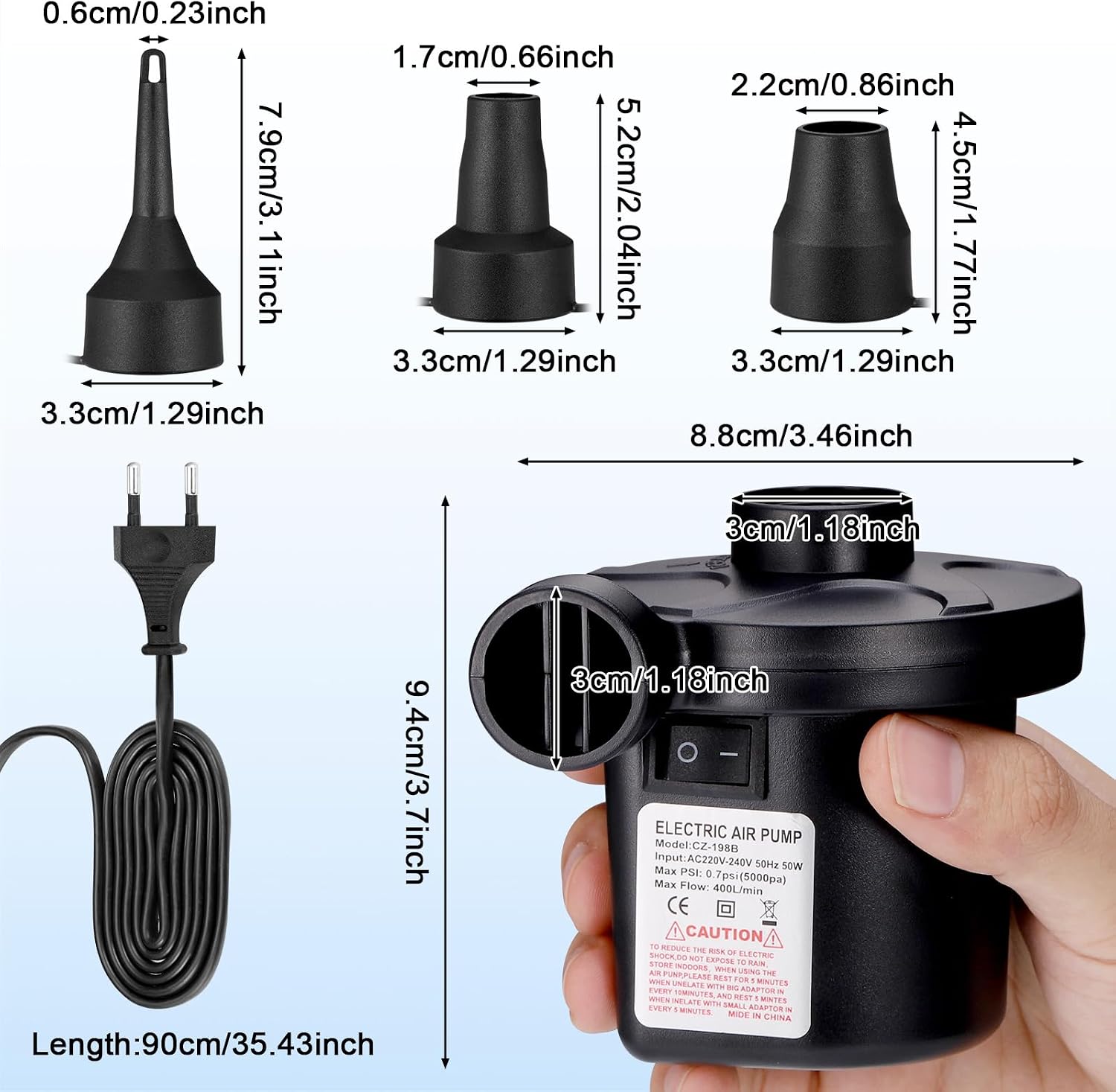 Detalle 2 de JIZZU CZ-S003-1-EU elektrische luchtpomp met 3 mondstukken, 220 V/DC 12 V