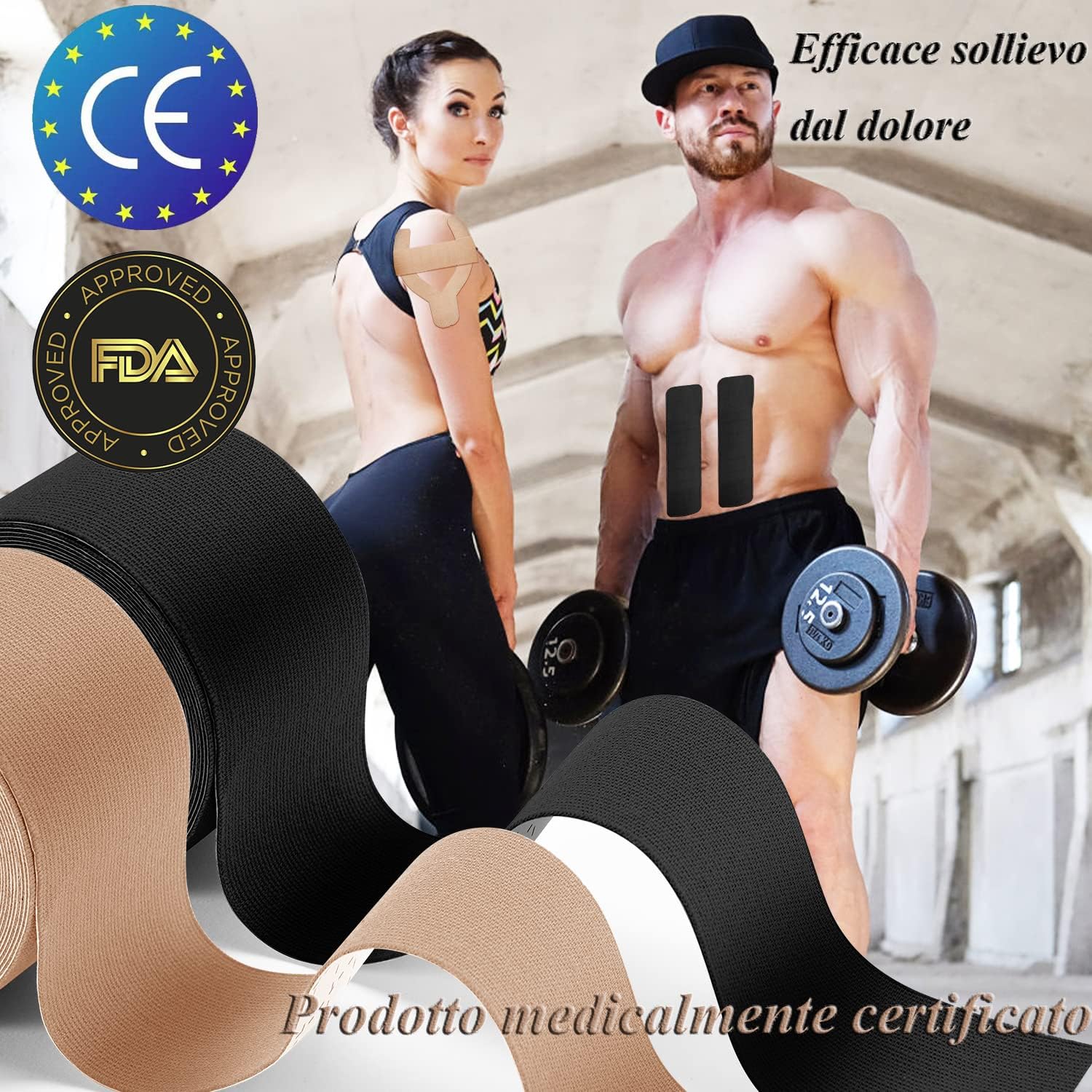 Detalle 2 de HONYAO Nastro Kinesiologico 2 rotoli 5 cm x 5 m (kinesio tape nero) per ginocchio, spalla e gomito