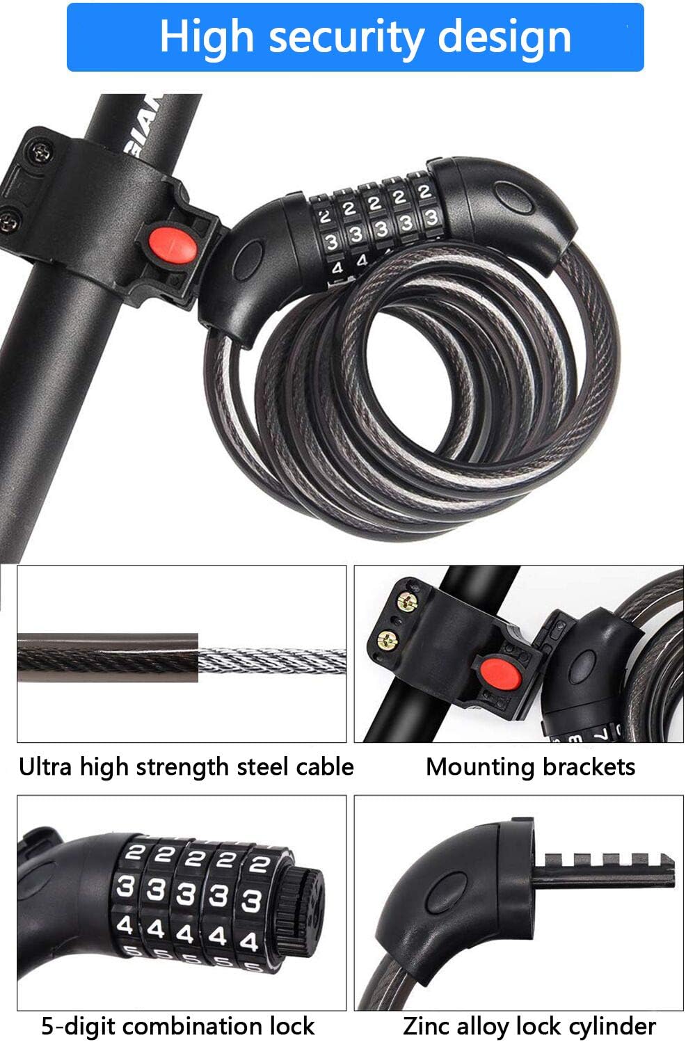 Thumbnail 2 de REHKITTZ Bike Lock Combination 5-digit 120 cm cable lock 🚲