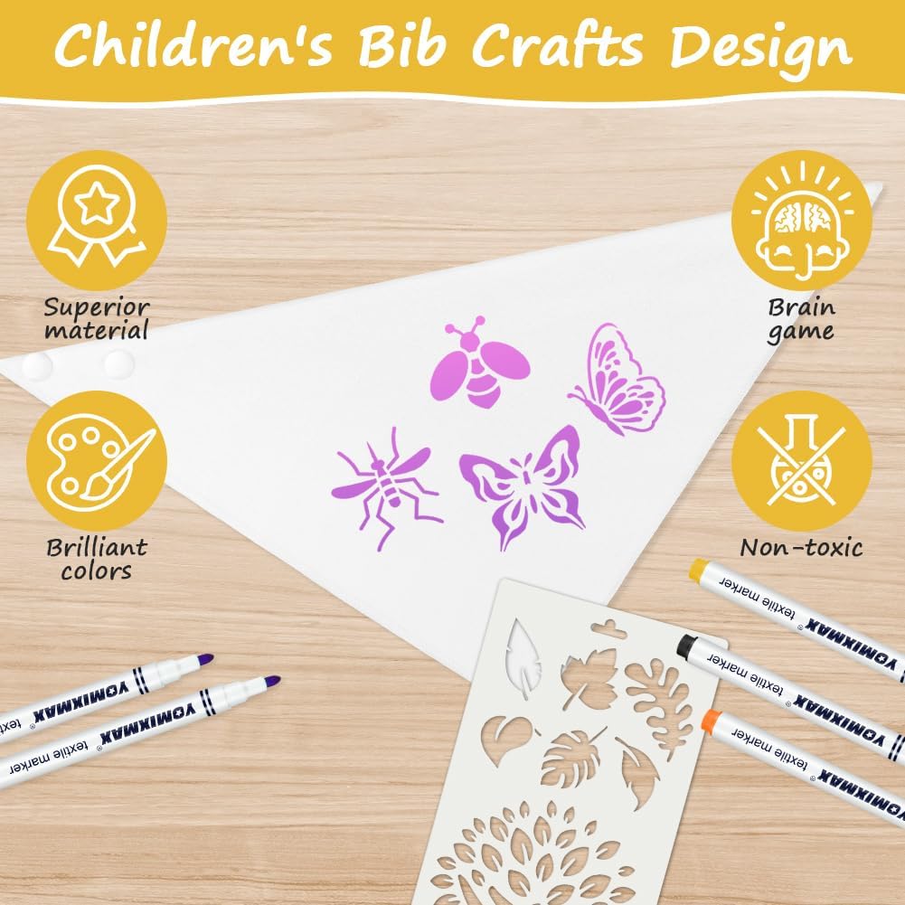 Thumbnail 3 de Vicloon Bambino Bavaglino bianco con kit da pittura fai da te (29×30×12 pz, 12 penne e 14 stencil)