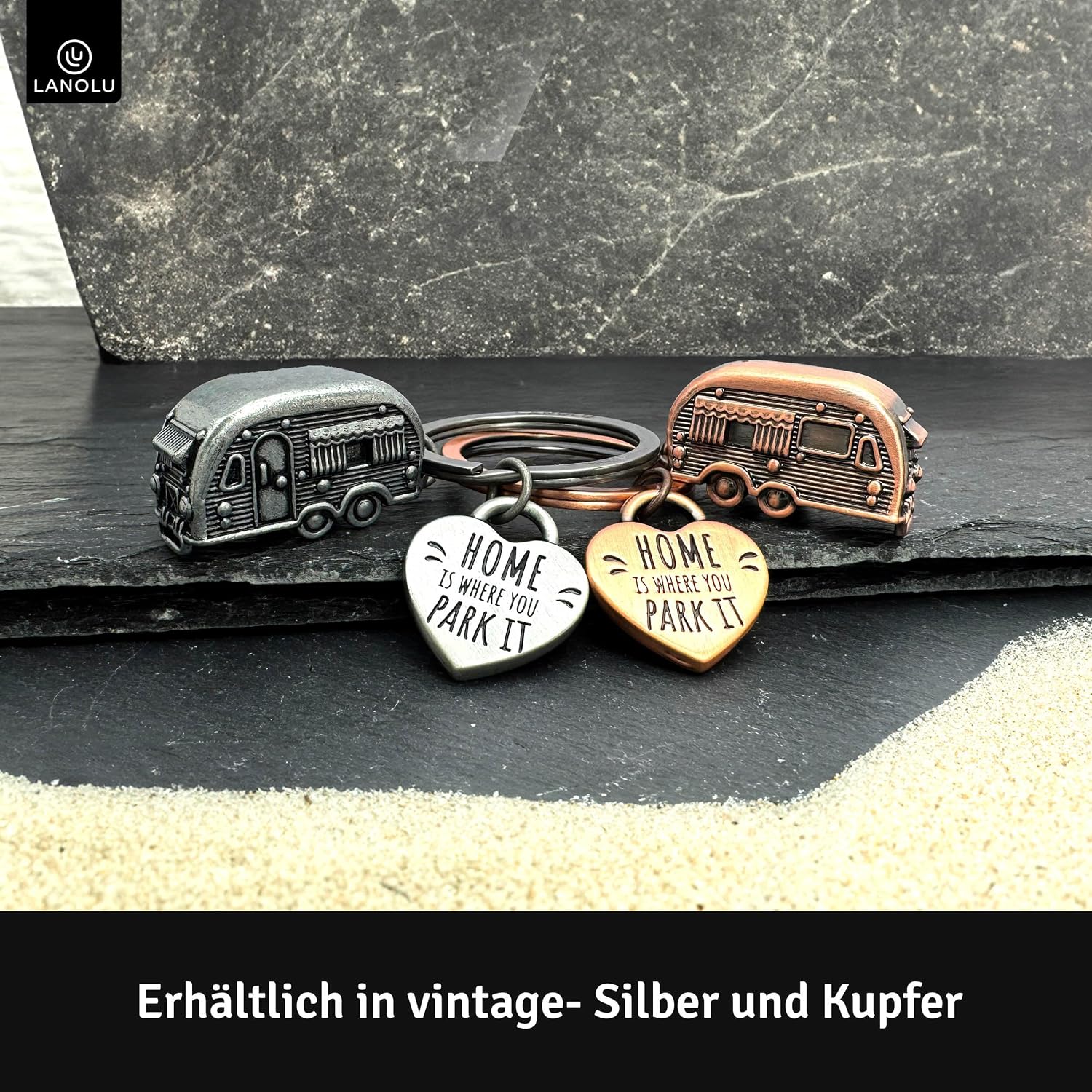Thumbnail 4 de LANOLU Schlüsselanhänger Wohnwagen – 3D Anhänger aus Metall mit Herz-Anhänger „Home is where you Park it“