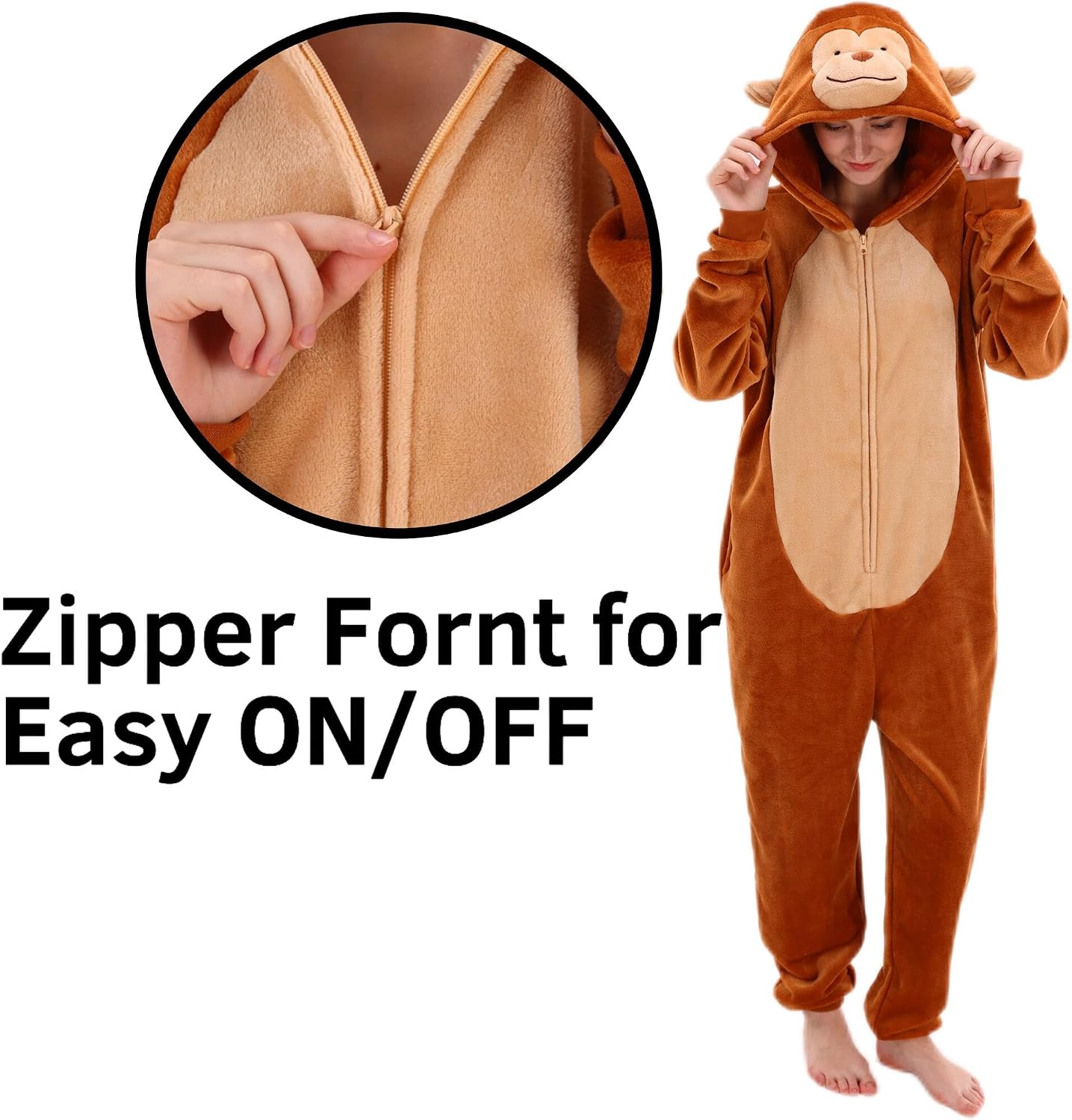 Detalle 2 de COSUSKET Snug Fit Adult Monkey Onesie Pajamas, Flannel, Zip Closure