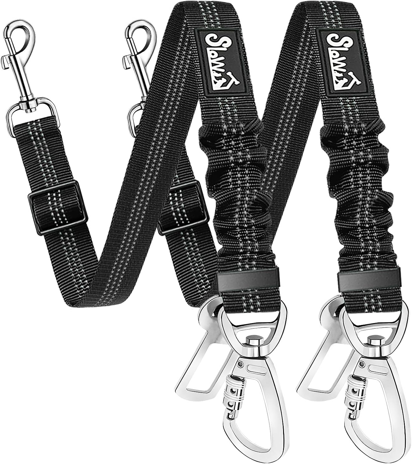 Detalle de SlowTon Hundesicherheitsgurt im 2er-Set – verstellbare Autoleine mit Bungee-Puffer und reflektierenden Nähten