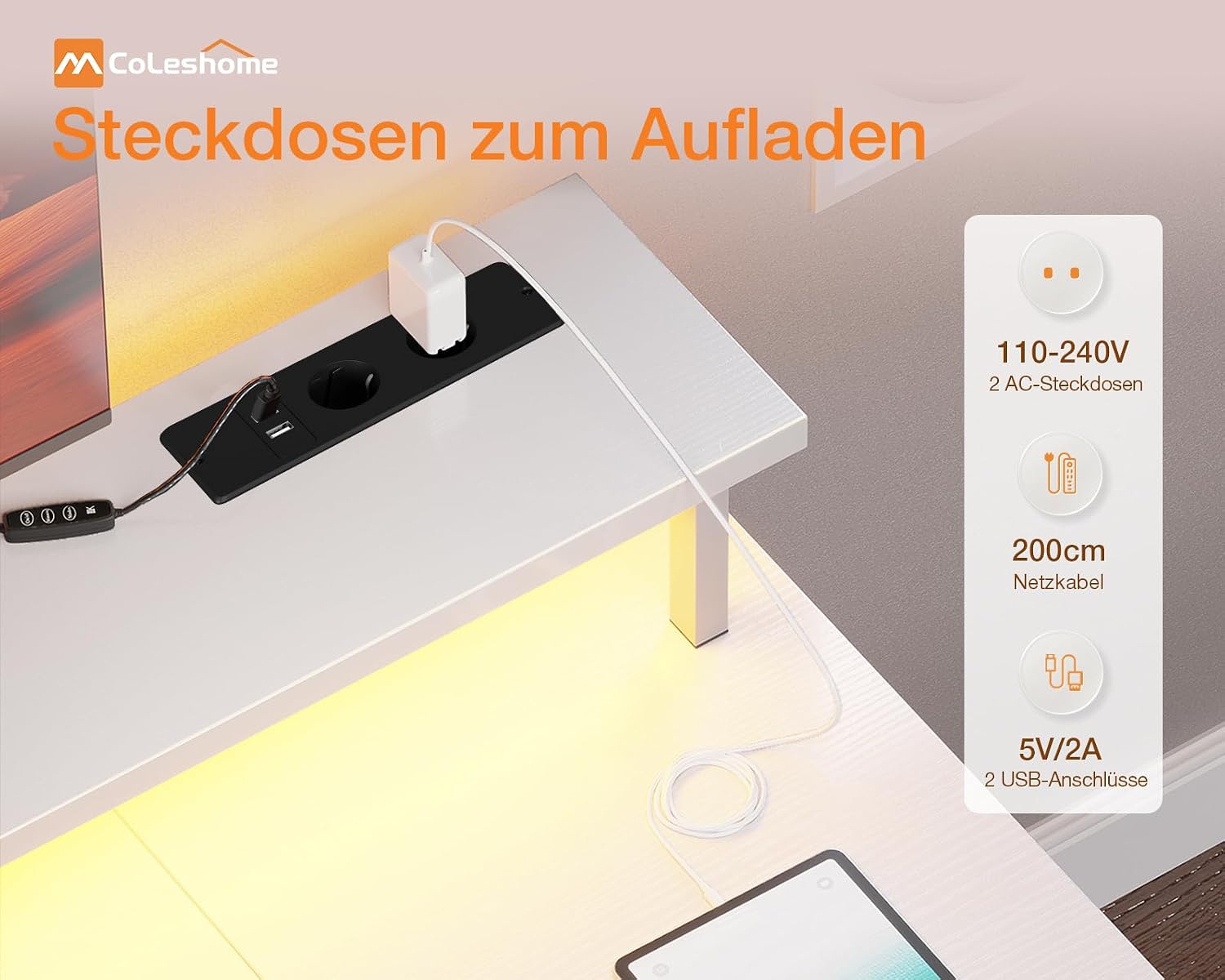 Detalle 1 de Coleshome Gaming Tisch 120 x 50 cm mit LED