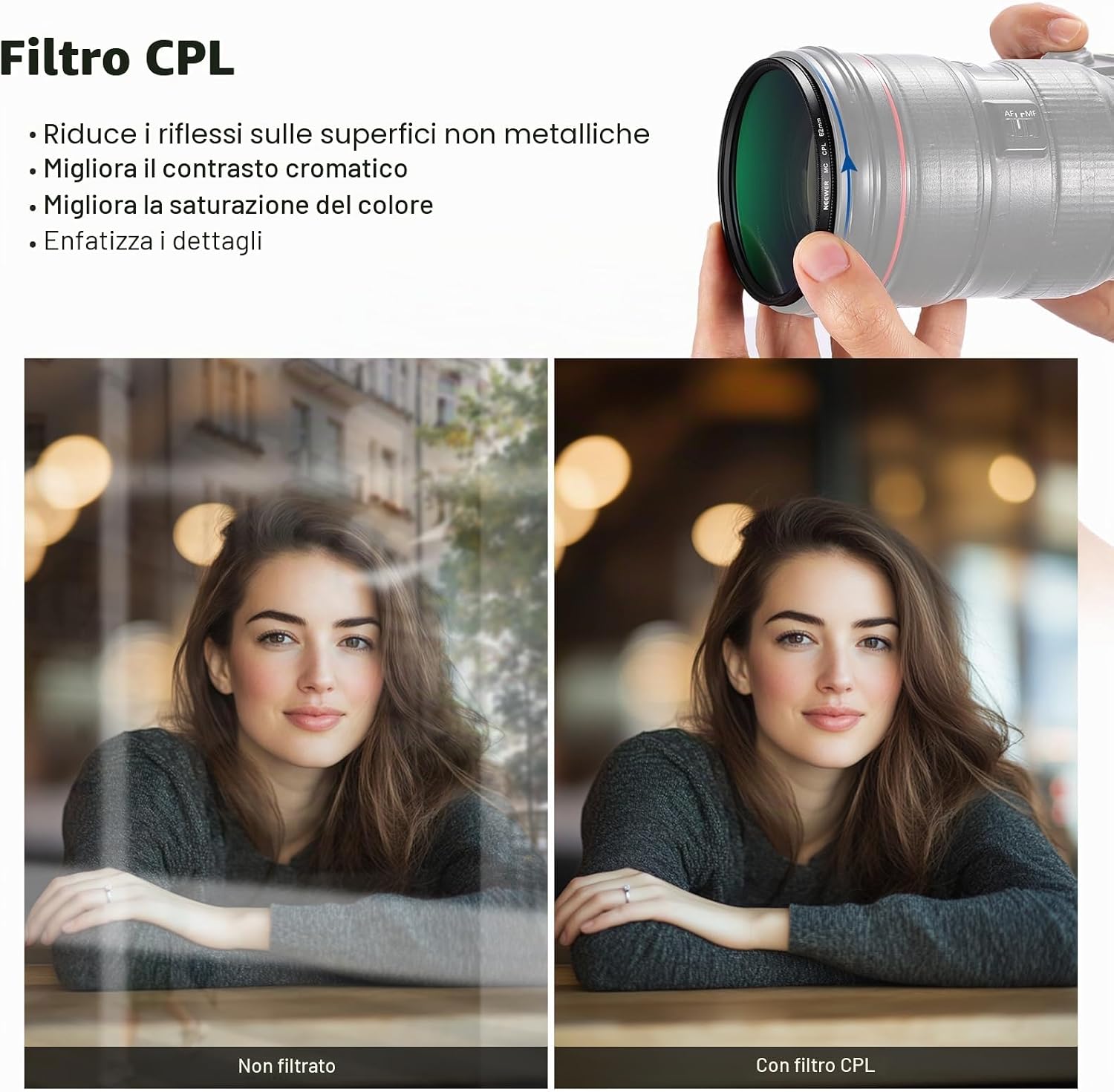 Detalle de NEEWER Kit Filtri 62mm UV, CPL e ND4 con Custodia Rigida per Obiettivi
