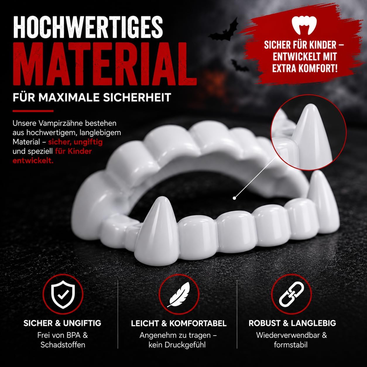 Detalle de Costumed Store CO-001 vampyrtänder för barn med tydliga huggtänder