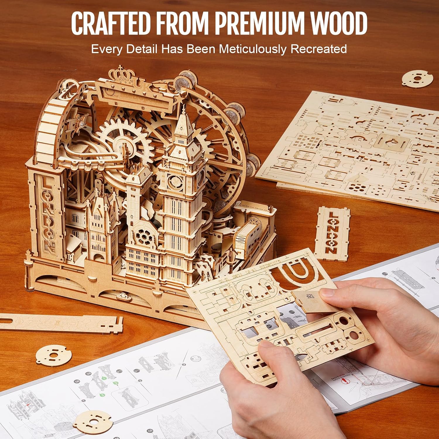 Detalle de ROKR Marble Travel London EGB01 3D Wooden Marble Run Puzzle Kit with LED