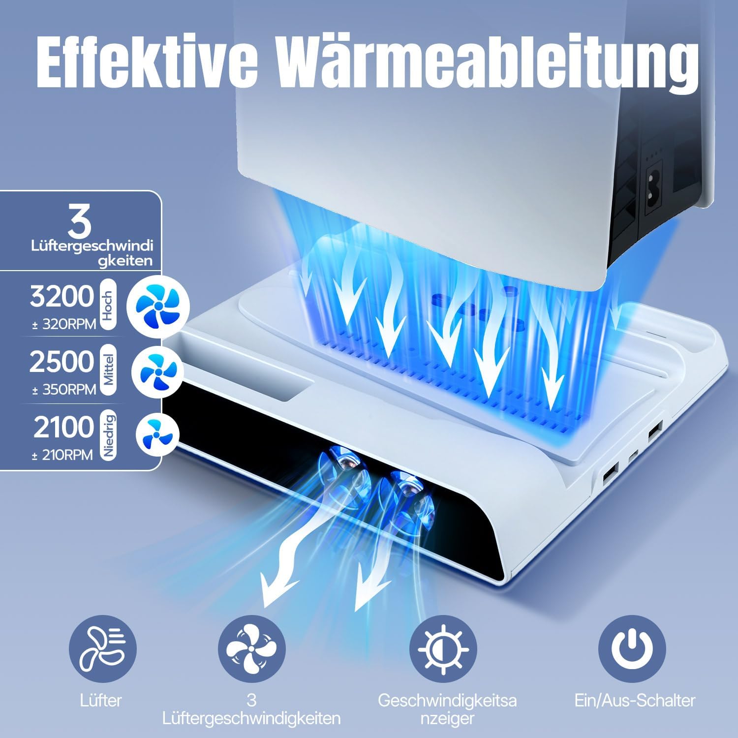 Detalle 2 de Wigearss PS5/PS5 Slim/PS5 Pro Kühlstandfuß mit Dual Controller Ladegerät – Lade- und Kühlstation