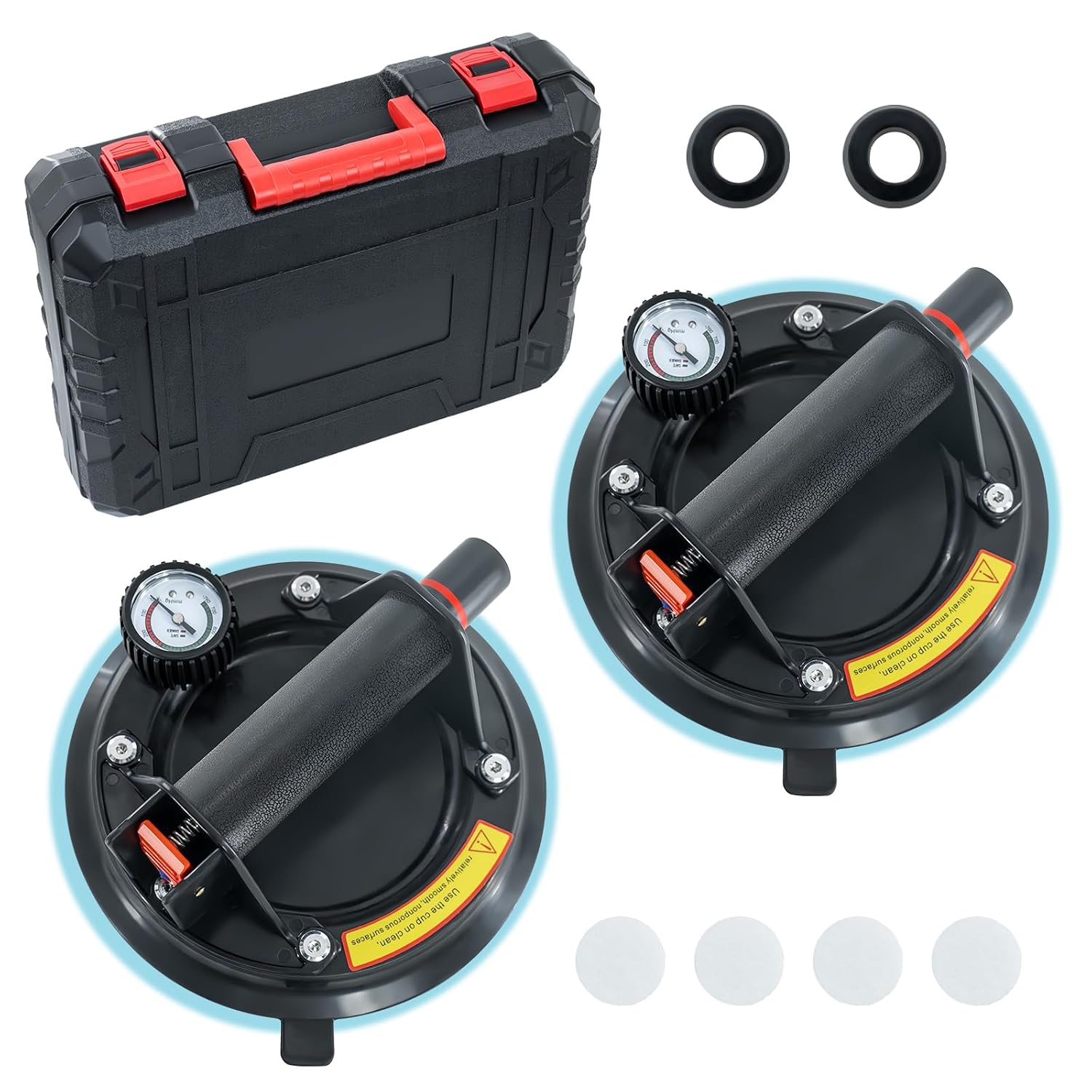 Detalle de JUYLTOOL 2pcs 8" Glass Suckers Lifters with Pressure Gauge (Max load 220kg) with Carry Case