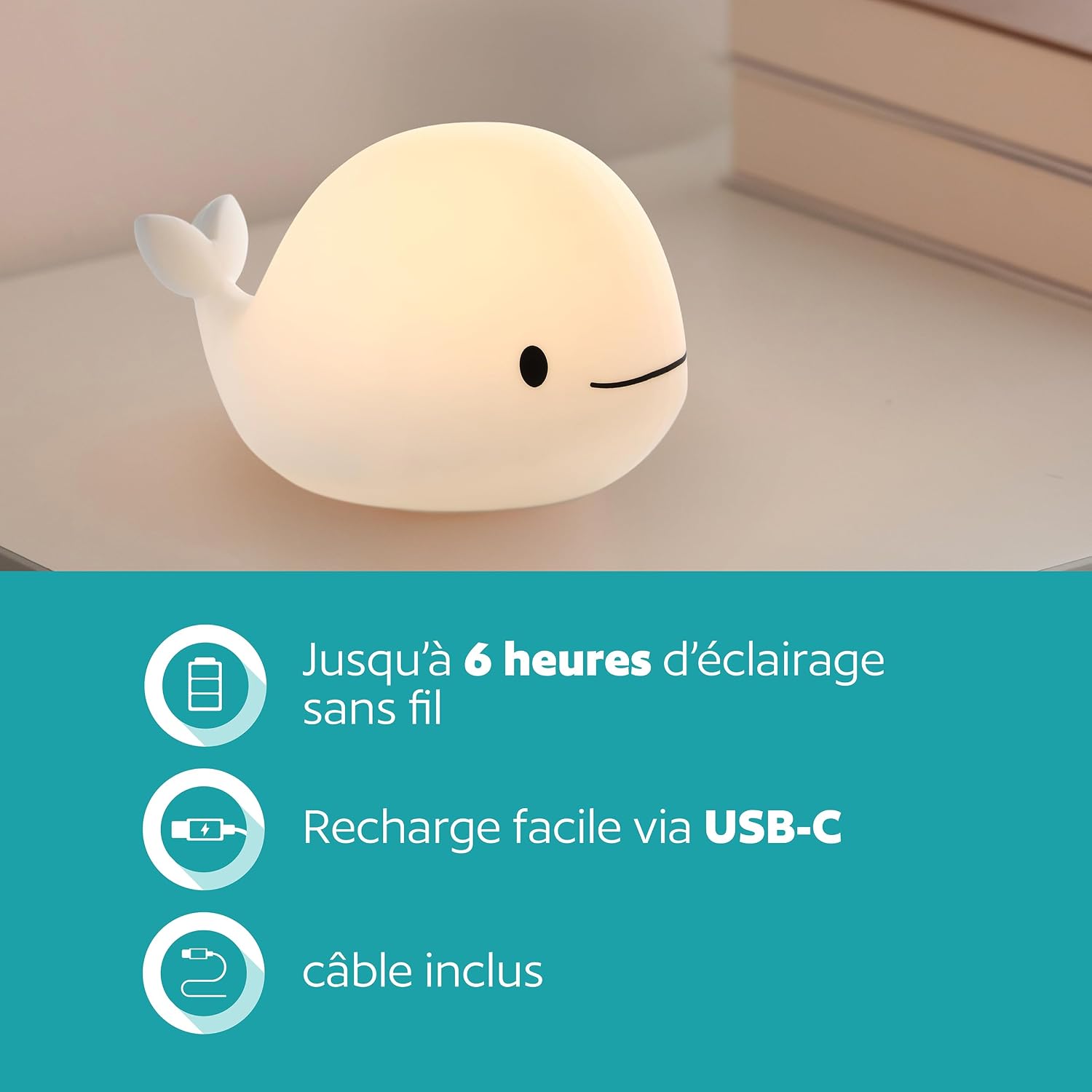 Detalle de Eglo Veilleuse tactile LED baleine Castellino — lampe de chevet sans fil pour chambre enfant