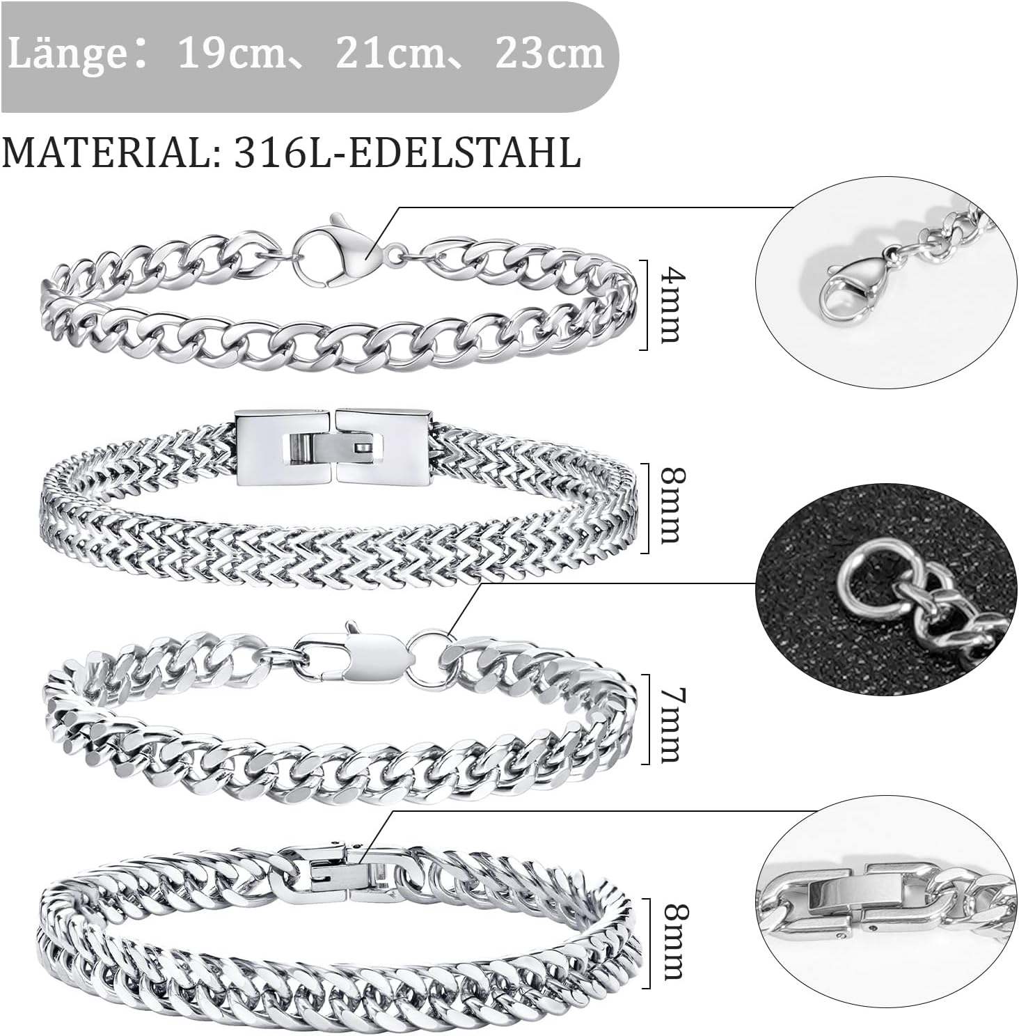 Detalle de Esmoly 4 Pezzi bracciale da uomo in acciaio 316L (argento, oro e nero) – catena cubana, set impilabile, lunghezze 19/21/23 cm