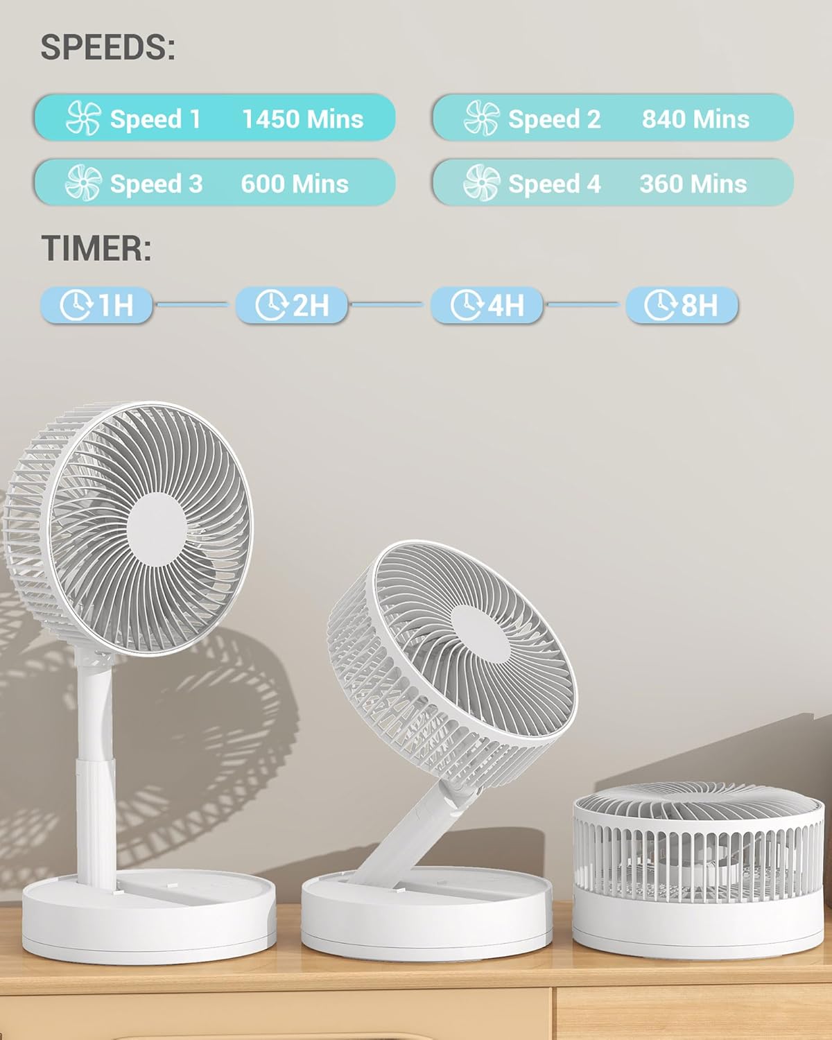 Detalle 2 de KASYDoFF Desk Fan (8-inch) USB portable fan with 90° oscillation, timer and rechargeable 5400mAh battery