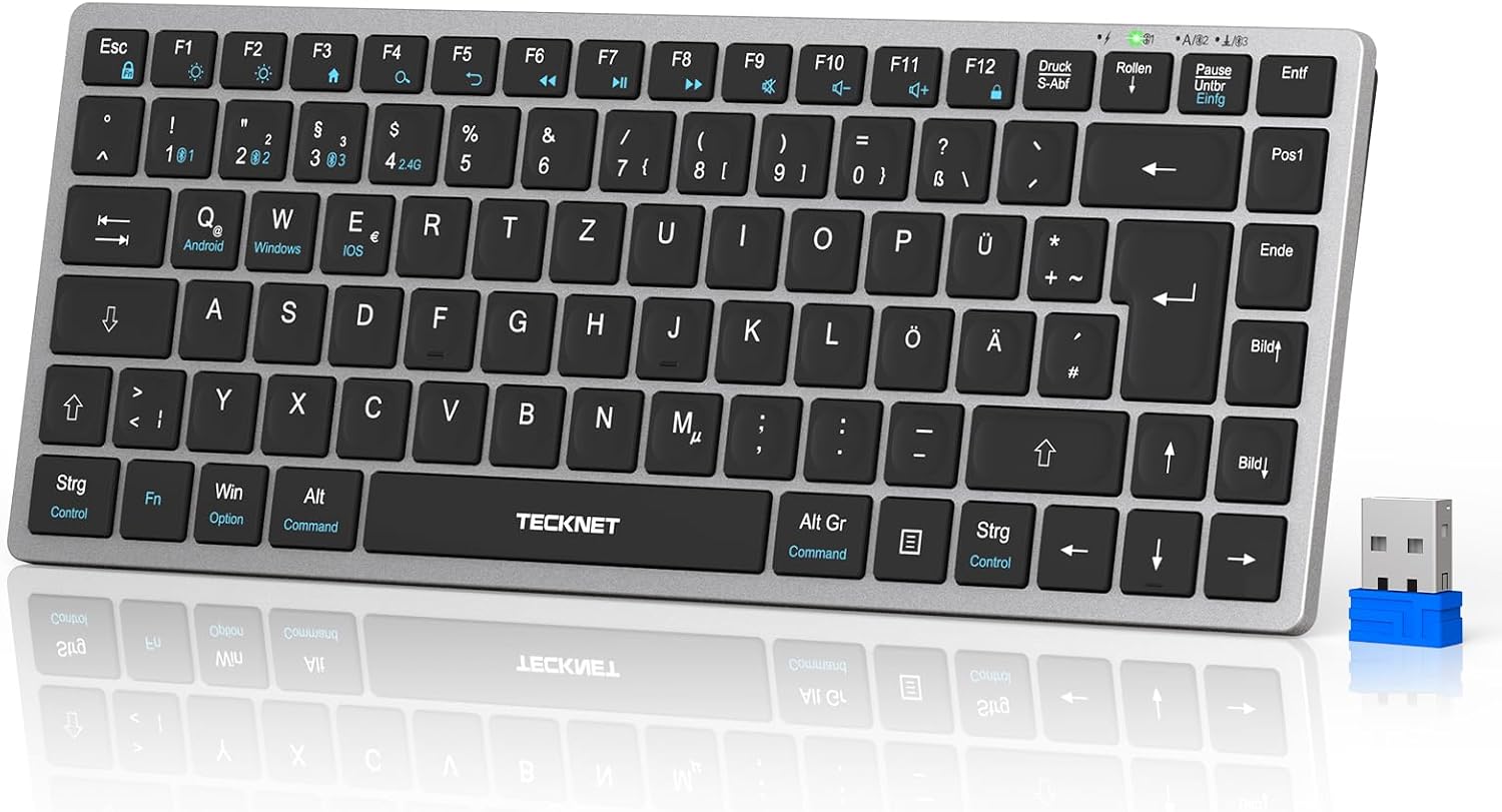 Detalle de TECKNET KB006: Kabellose Tastatur mit 4 Modi (BT + 2,4G) – Deutsches Layout