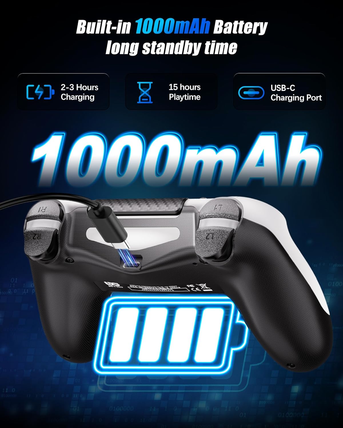 Thumbnail 4 de RUIZHI Sans Fil Manette pour PS4 (P-S4) – Connexion Bluetooth et USB-C, Dual Vibration et Touchpad, 6 Axes Gyroscope, 1000 mAh - Blanc