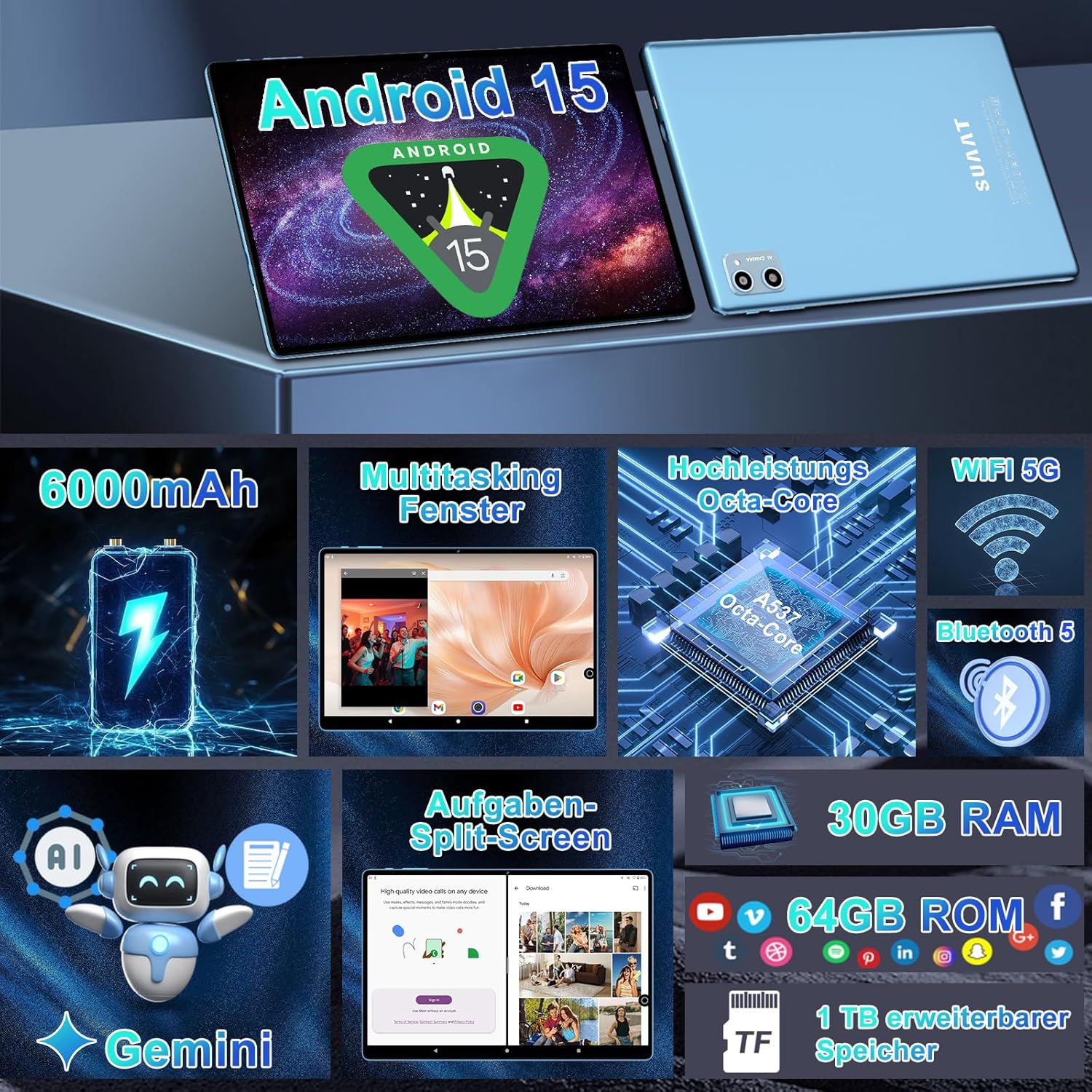 Thumbnail 1 de SUAAT 2026 Tablet 10 Zoll – Android 15, Octa‑Core, 64 GB ROM + 2 TB Speichererweiterung, 5G WLAN, inkl. Hülle, Tastatur und Maus
