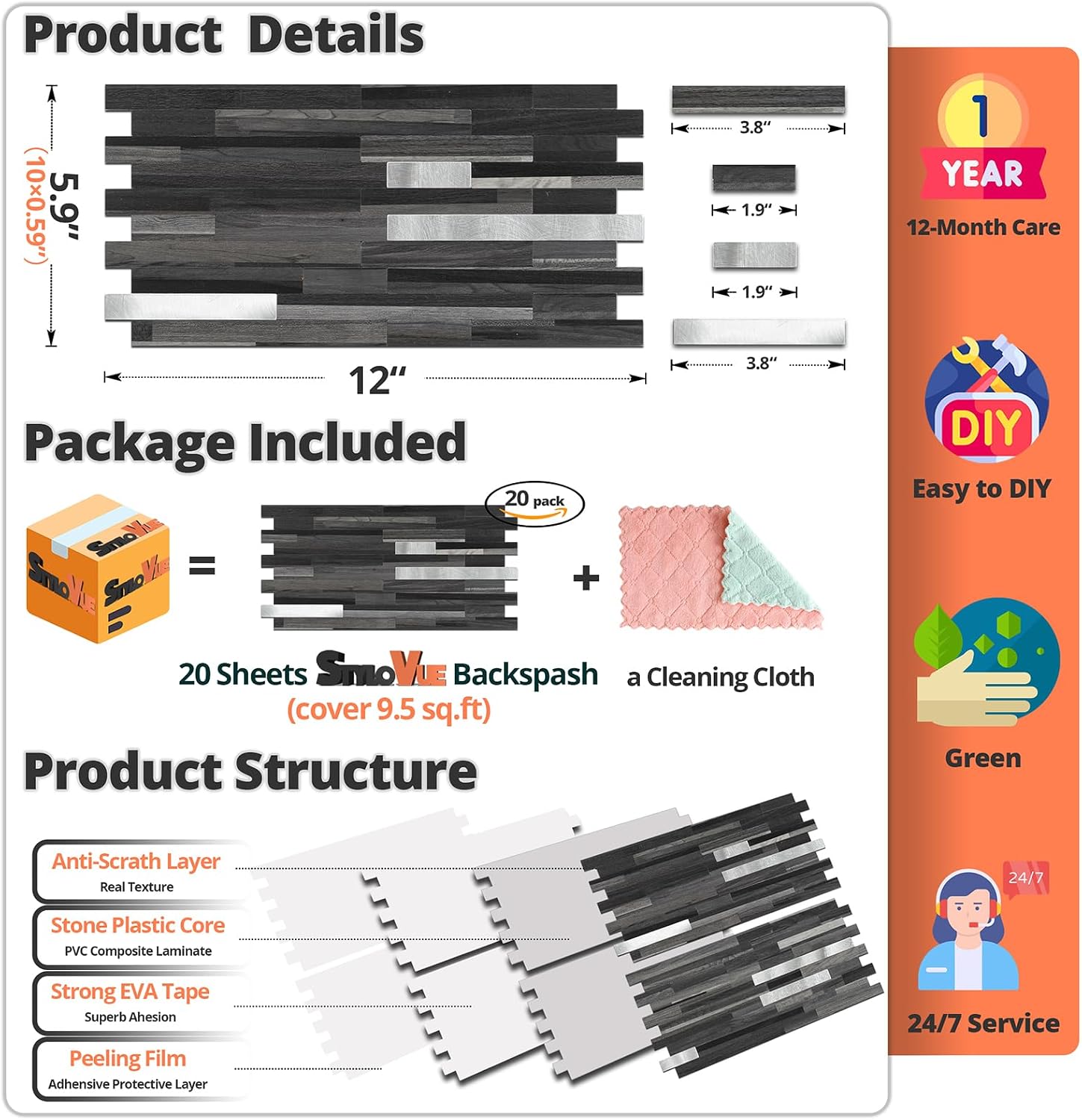 Thumbnail 4 de StyloVue Peel-and-Stick Backsplash Tiles, Black Grey Wood, PVC, 20 Sheets